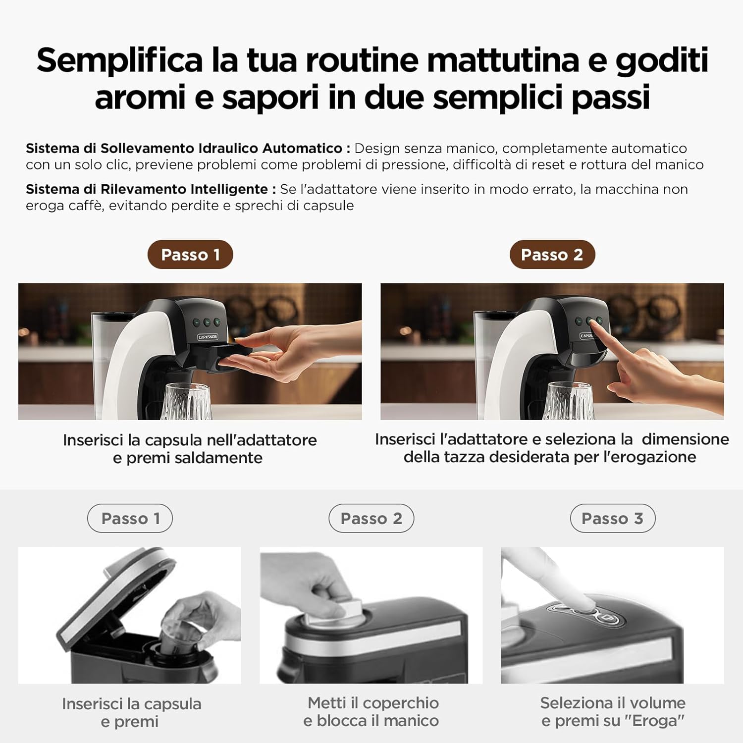 Thumbnail 6 de CAPXSNOB Warriors1 Macchina da caffè 5 in 1 per capsule (Nespresso Original, Dolce Gusto, Lavazza A Modo Mio, Espresso Point) e caffè macinato