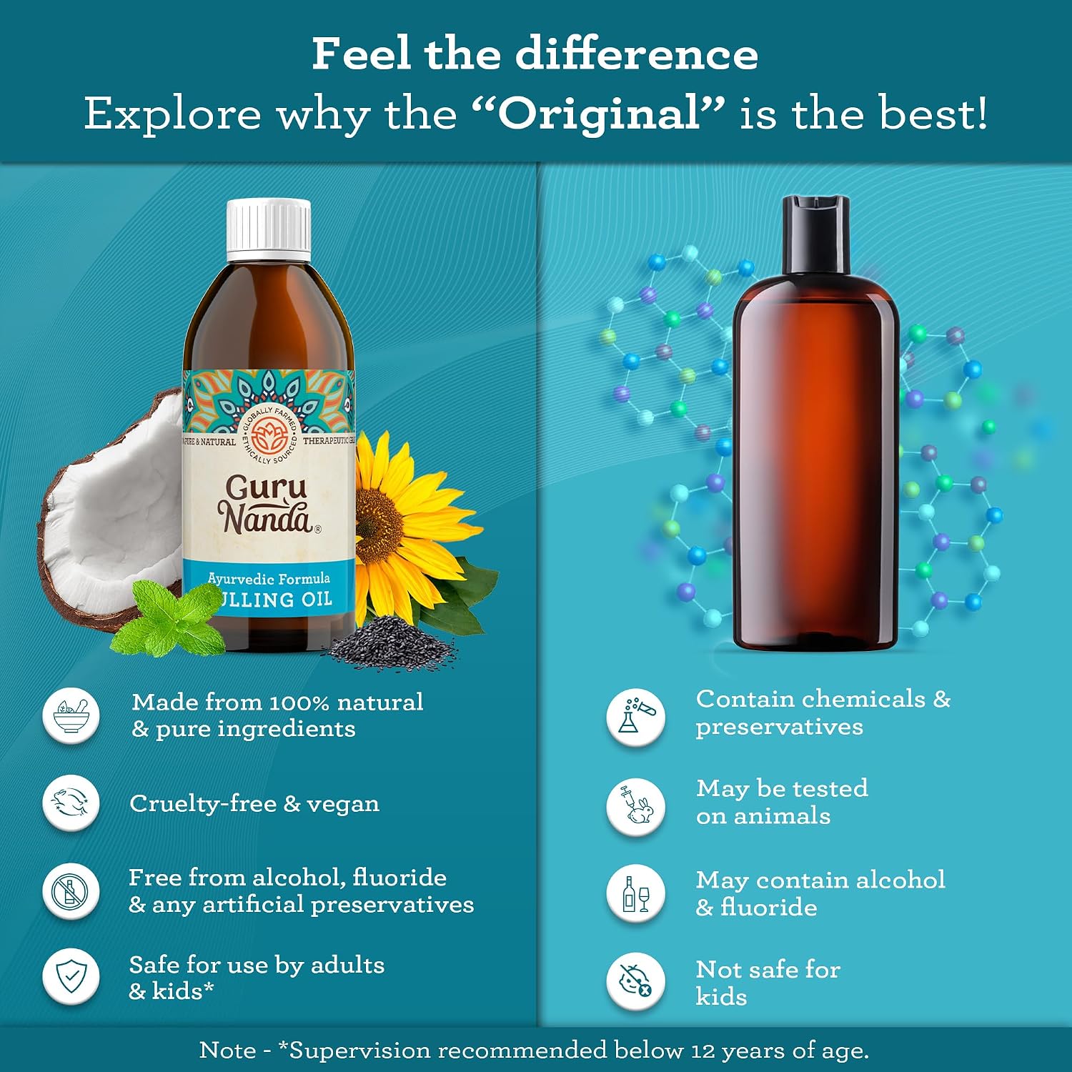 Detalle de GuruNanda Original Oil Pulling Mouthwash with Coconut & Sesame Oil, Alcohol-Free (8.45 fl oz) + Tongue Scraper