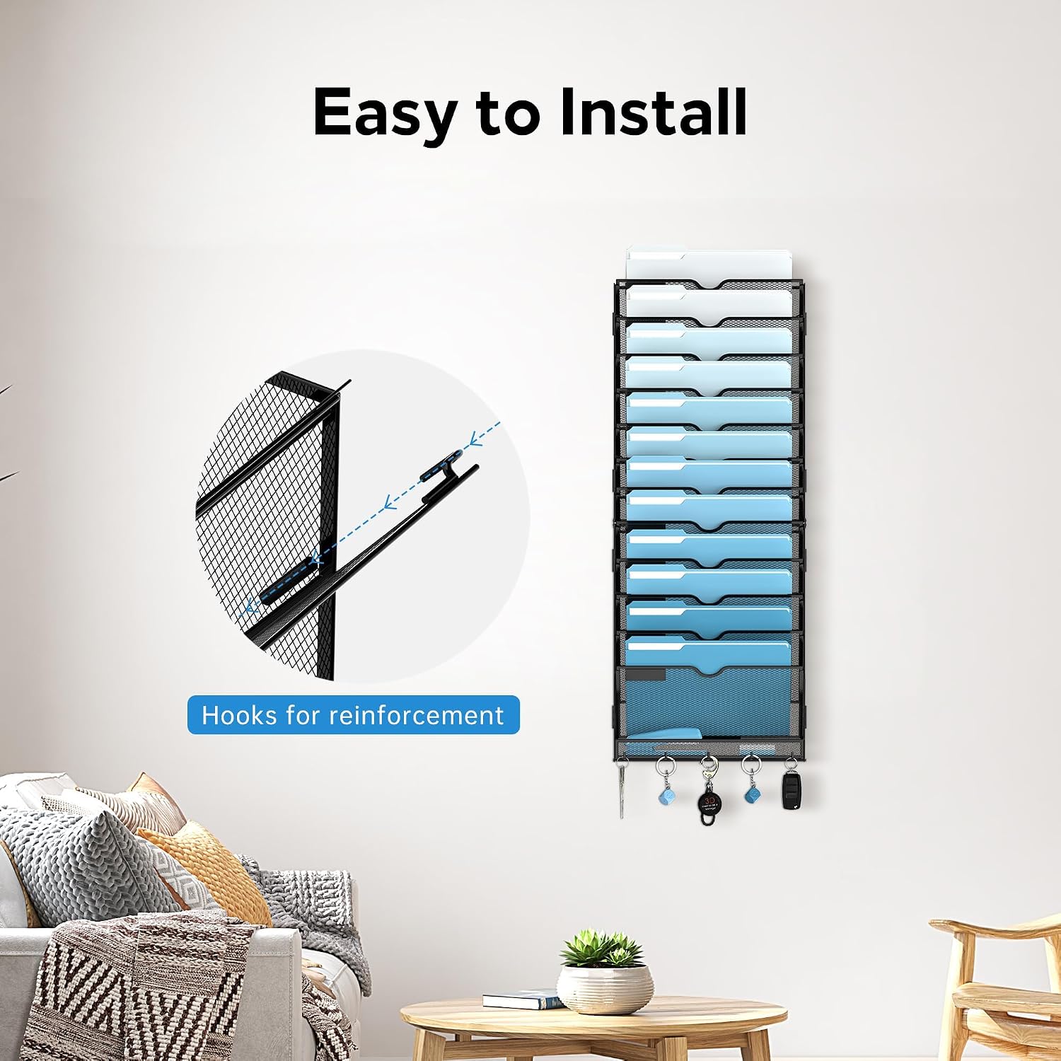 Detalle 2 de SUPEASY 13-Tier Black Hanging Wall File Organizer with Hooks, Metal Mesh