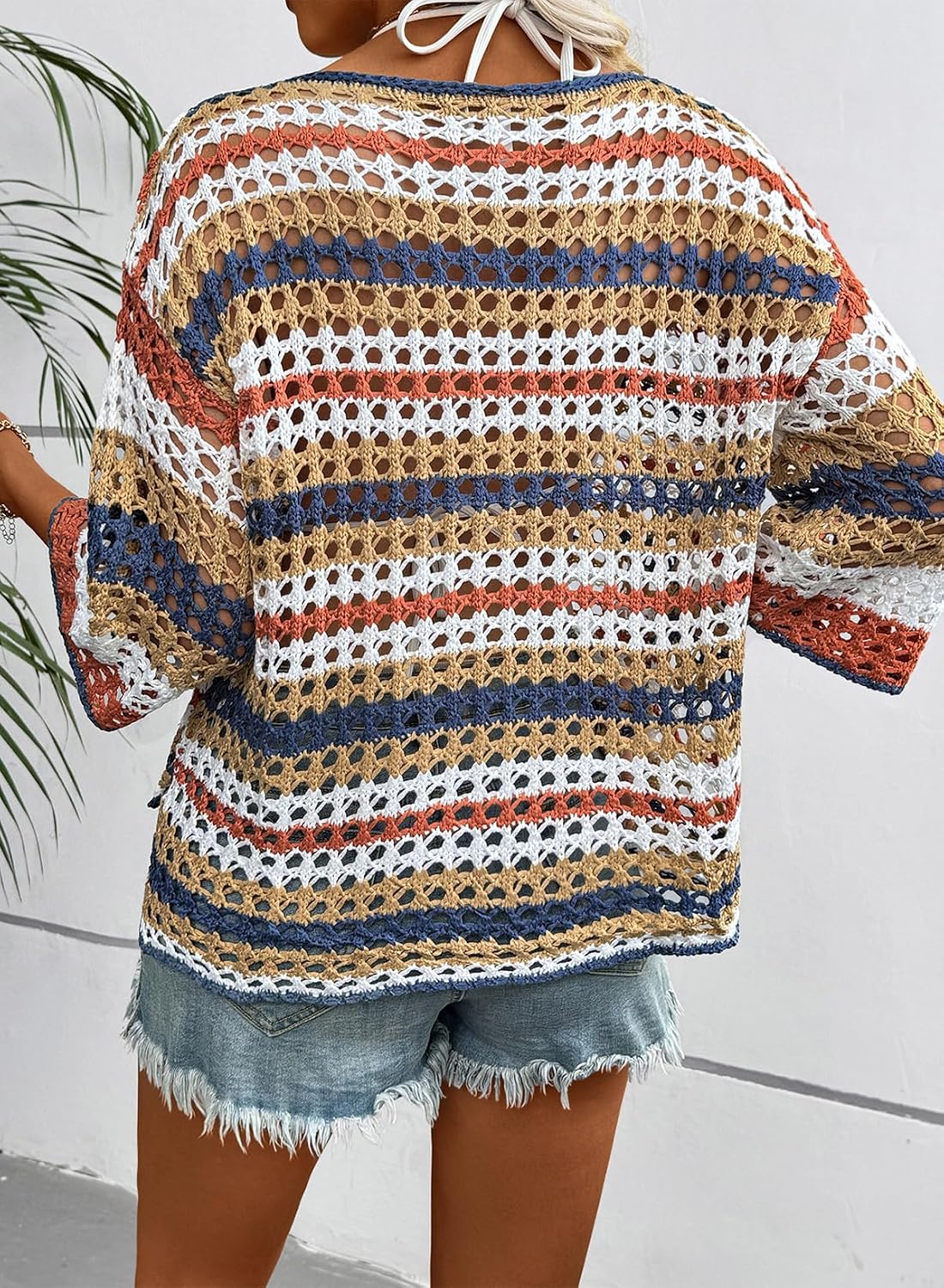 Detalle de Dokotoo Womens Spring/Summer 3/4 Sleeve Crochet Hollow Out Color Block Top