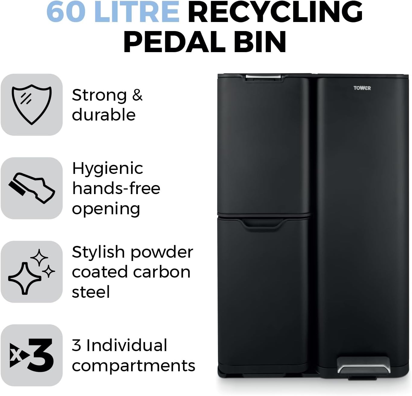 Detalle 2 de Tower 60L Three-Compartment Pedal Recycling Bin (Carbon Steel, Removable Buckets) – Black