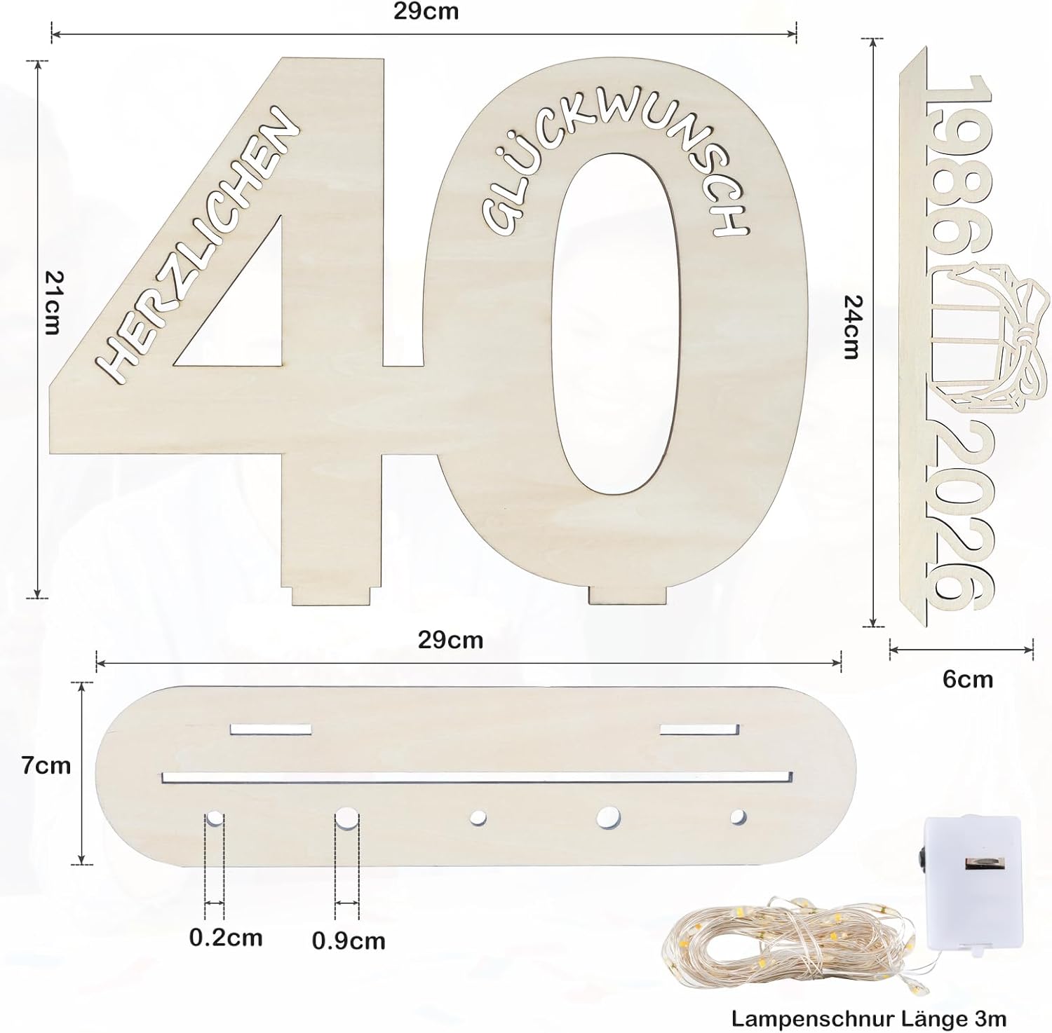 Detalle de Seutgjie Originelles Geschenk 40 Geburtstag – Holzschild mit LED-Lichterkette, 29 × 21 cm