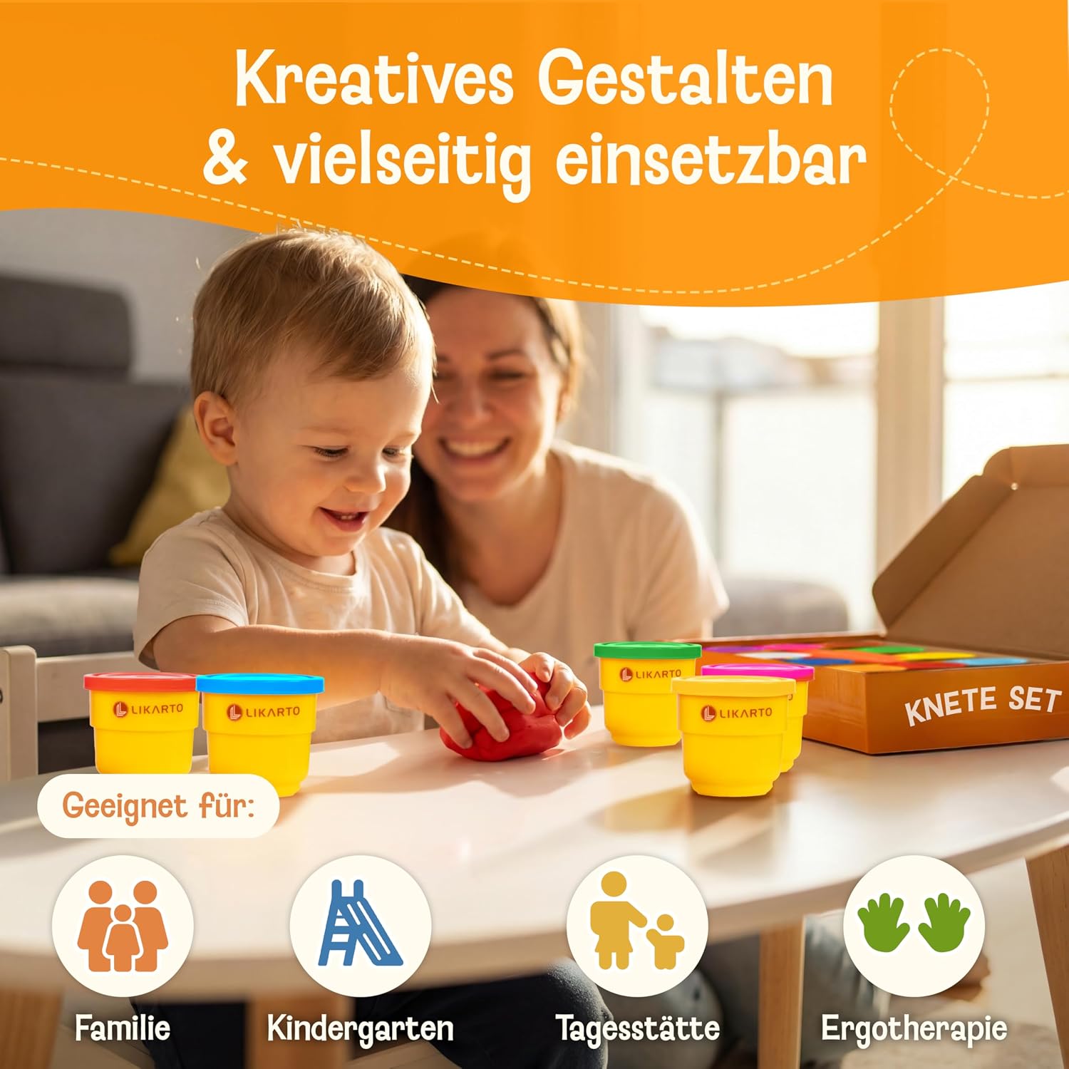 Detalle 2 de Veganes Knete-Set für Kinder ab 1 Jahr – 10 Farben, 5 Werkzeuge, 10 Vorlagen