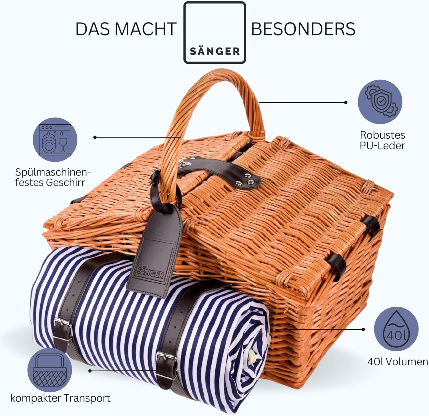 Thumbnail 3 de Sänger Picknickkorb Sylt – 24-teiliges Komplettset für 4 Personen inklusive Decke