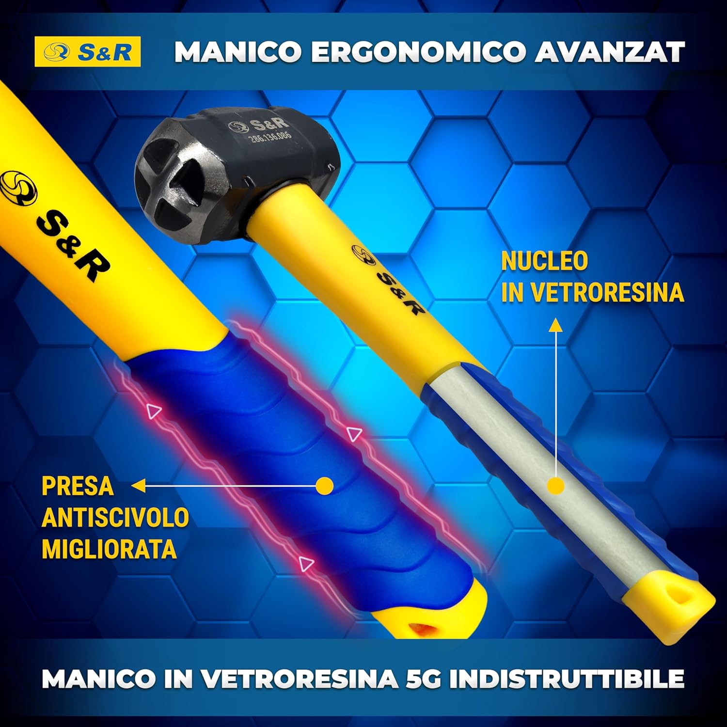 Detalle de S&R Mazzetta da Muratore 1360 g – Martello Demolitore a Croce in Acciaio temprato 38–48 HRC, Impugnatura Ergonomica in Fibra di Vetro