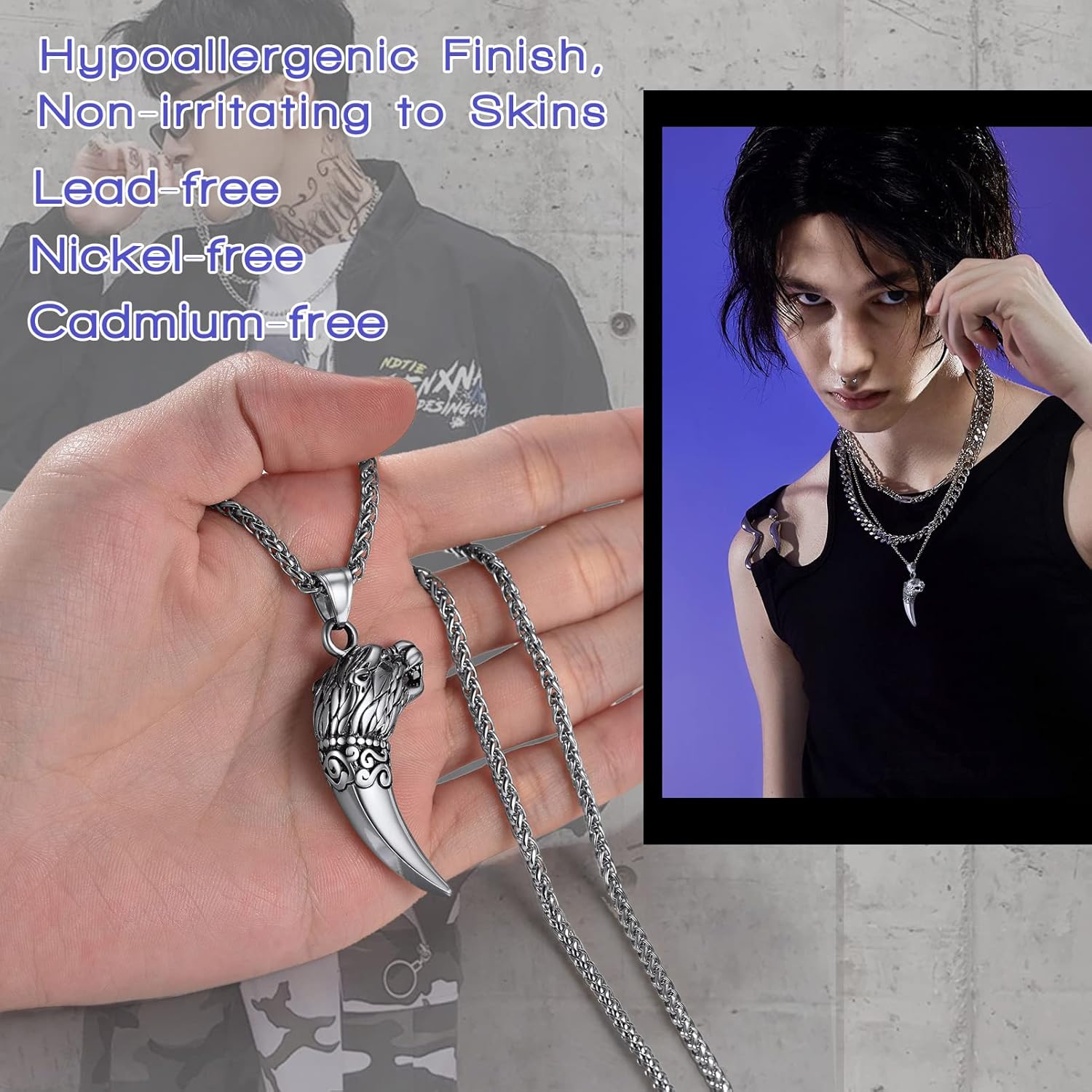 Thumbnail 4 de Collier PROSTEEL dent de loup pour homme en acier inoxydable 316L et plaqué or, chaîne ajustable 55 cm
