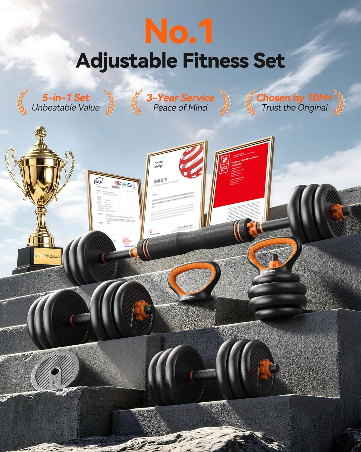 Detalle 2 de FEIERDUN DS2 Adjustable Dumbbells 5-in-1 Set (20/30/40/45/70/90 lbs) for Home Gym