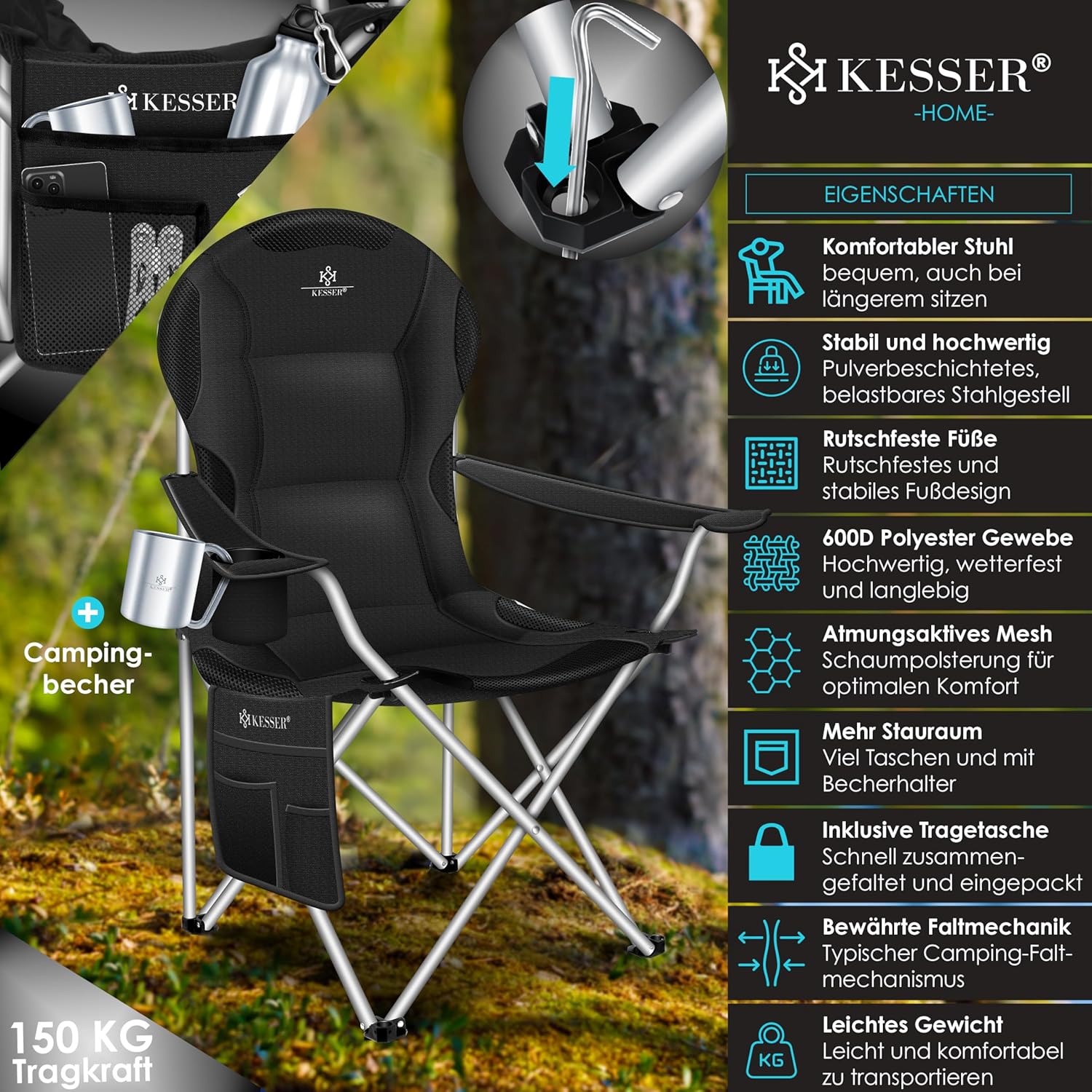 Thumbnail 3 de KESSER Campingstuhl faltbar bis 150 kg – Angelstuhl, gepolstert, mit Armlehnen und Getränkefach