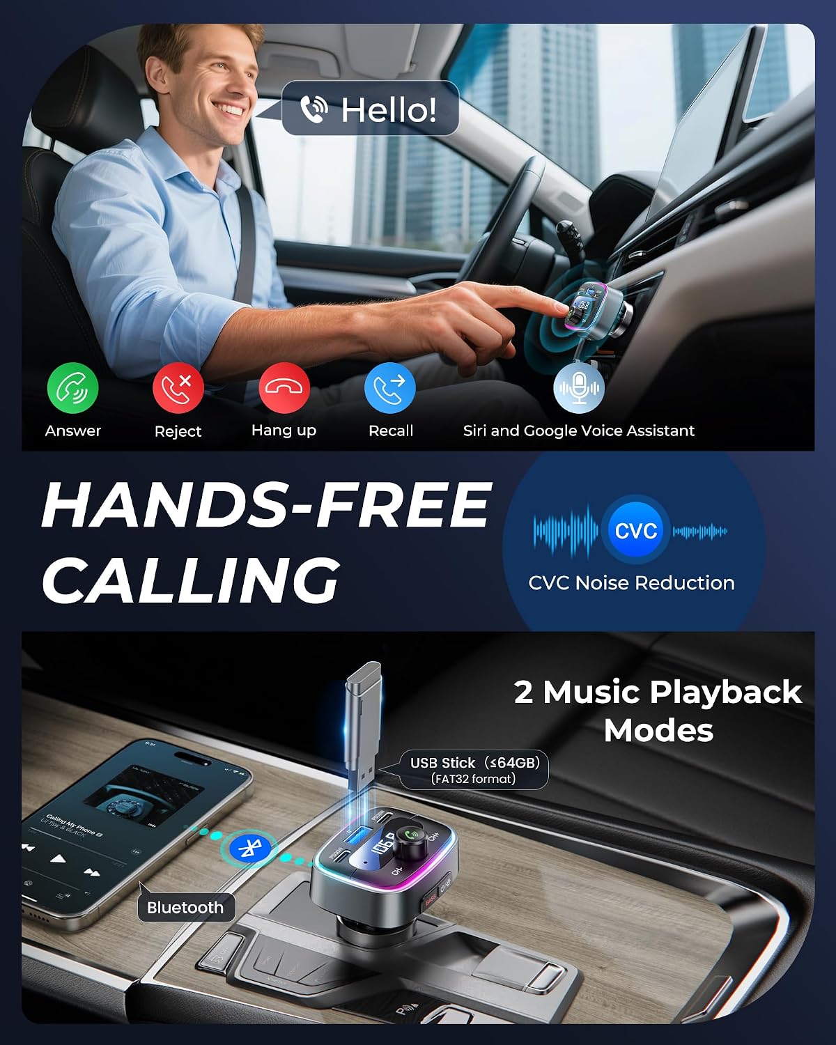 Thumbnail 5 de LENCENT Transmetteur FM Bluetooth 5,4 pour voiture - Charge rapide 60W