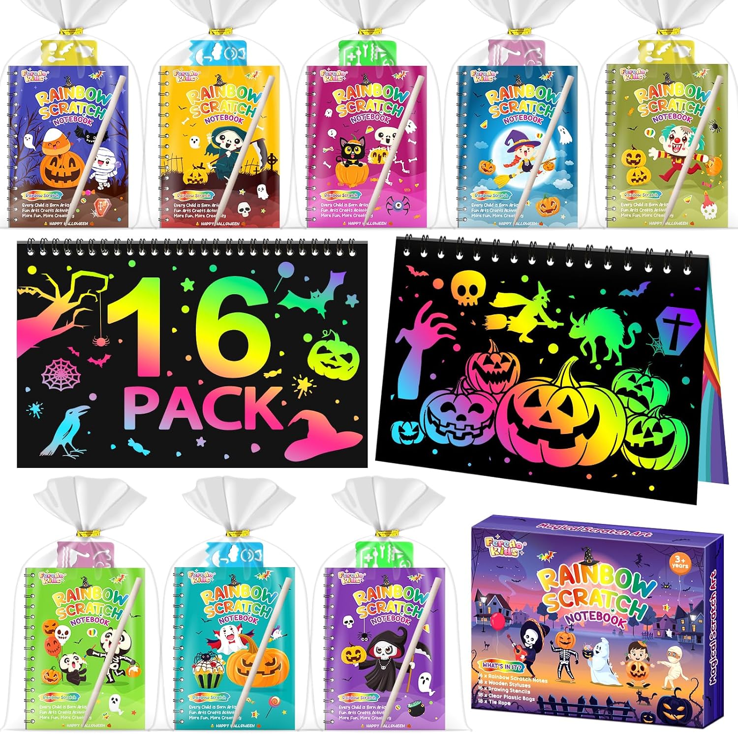 Detalle de FEREDO KIDS Rainbow Scratch Art Notebooks, 16-Pack with Stencils and Wooden Styluses