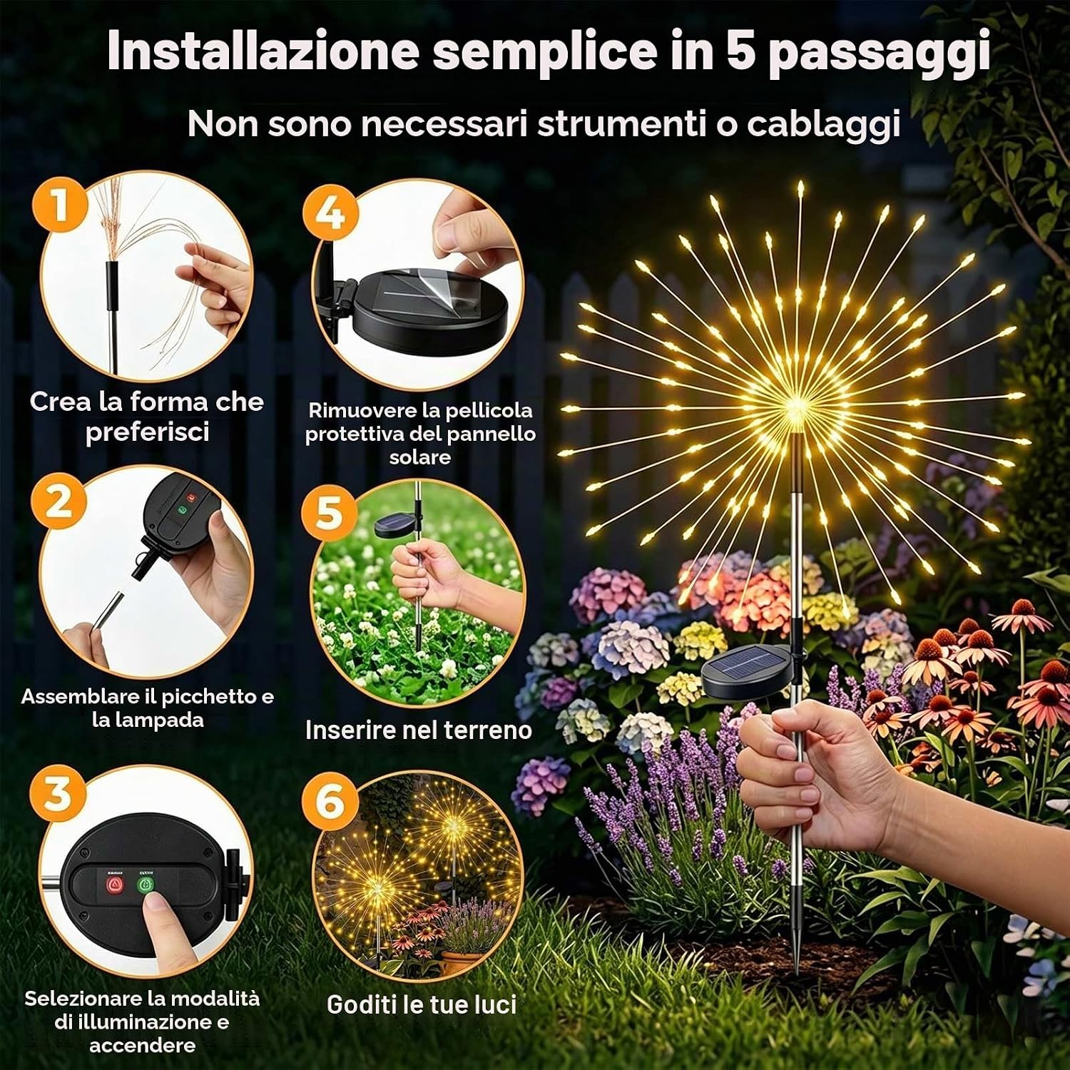 Detalle 2 de Joycome Luci Solari da Giardino 2 Pezzi: Lampioni Solari con 120 LED, IP65, 8 Modalità e Memoria