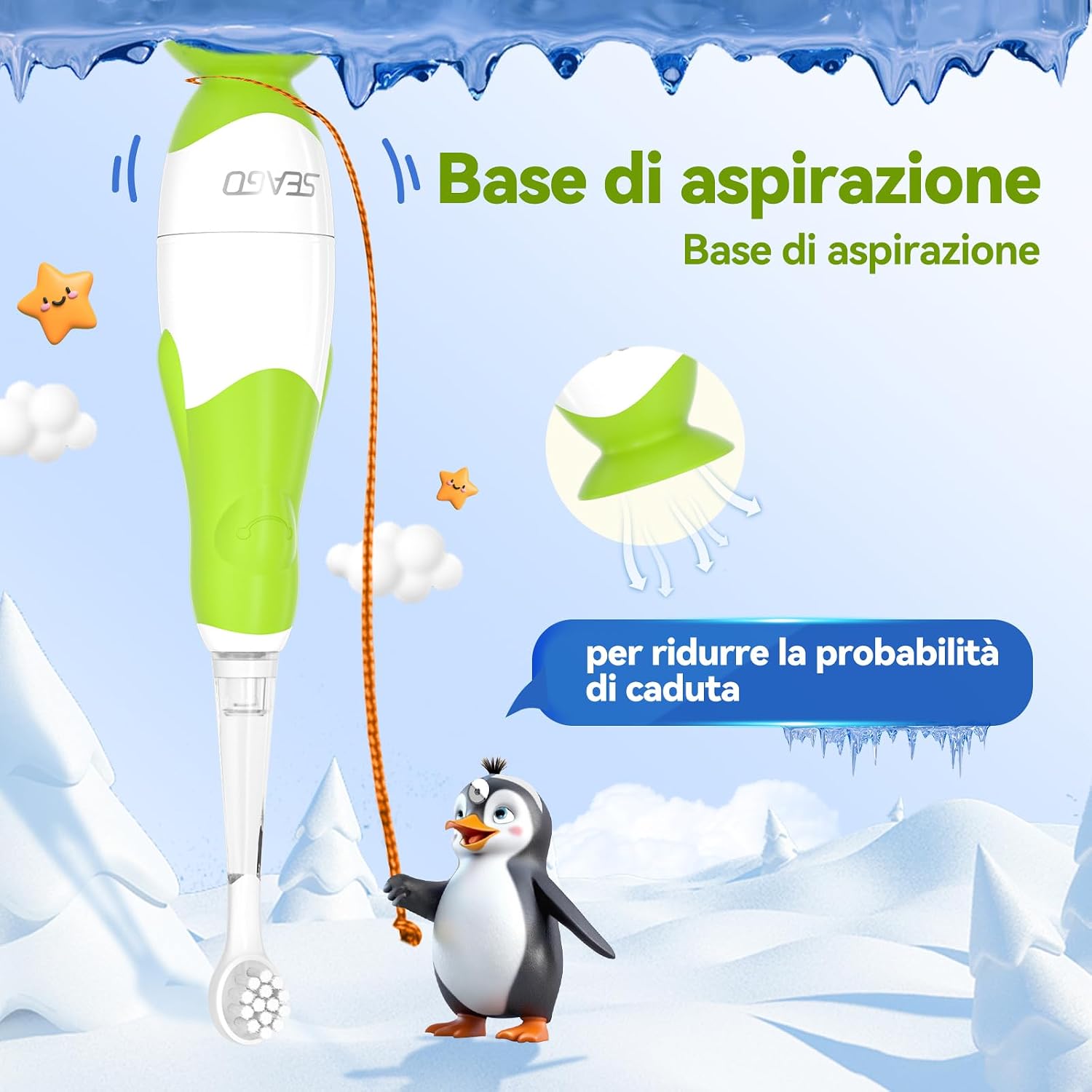 Detalle 2 de Spazzolino Elettrico Bambini 0-6 anni a forma di pinguino con LED, timer 2 minuti e 4 testine (base a ventosa) 513 Blu/Verde