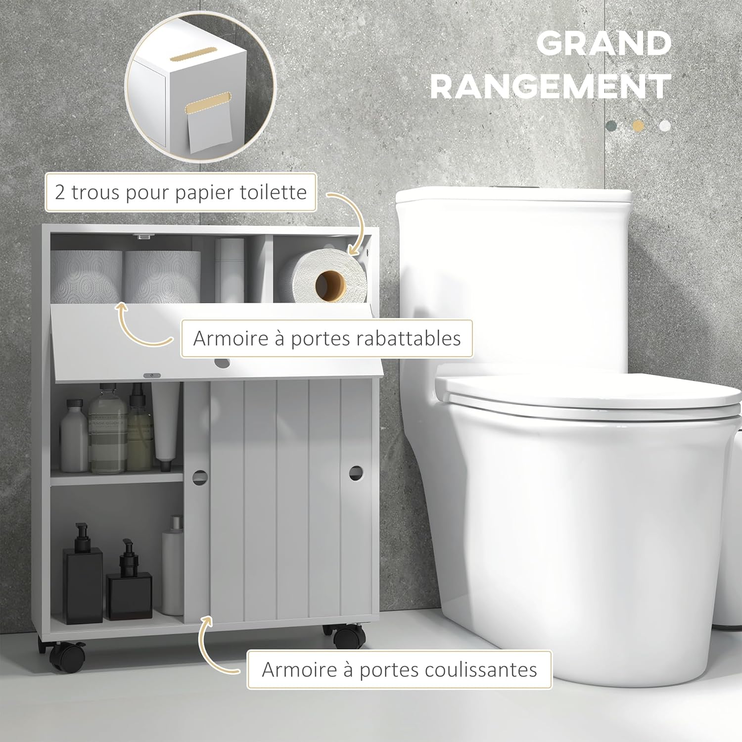 Thumbnail 3 de Kleankin Meuble de Rangement Salle de Bain – Meuble WC à portes coulissantes, 52 x 17 x 67 cm, Blanc
