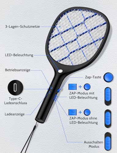 Thumbnail 6 de Yissvic Elektrische Fliegenklatsche extra stark 4000V – zuverlässiger Insektenschutz für Outdoor-Aktivitäten