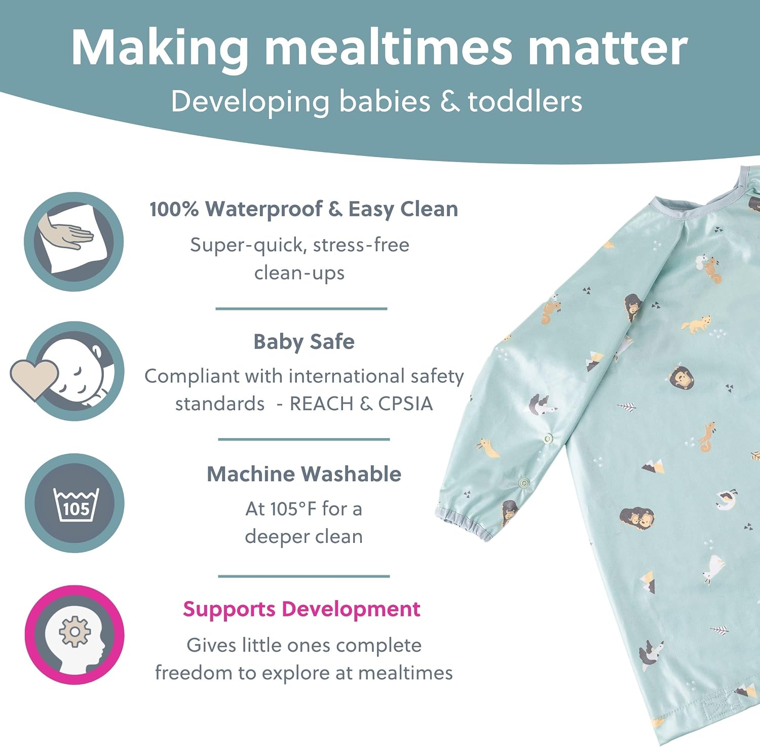 Detalle de BIBaDO Long Sleeve Baby Bibs (6–36 months) – Waterproof coverall weaning bib
