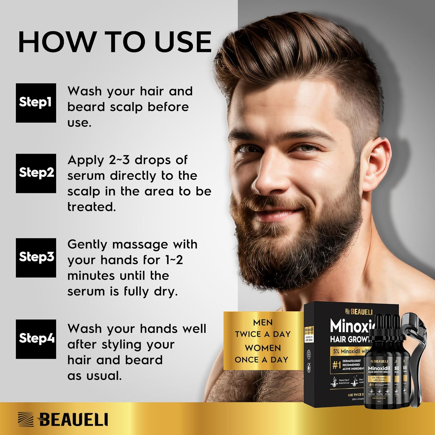 Detalle de Beaueli Minoxidil Beard Growth Kit for Men and Women (3 x 60 mL)
