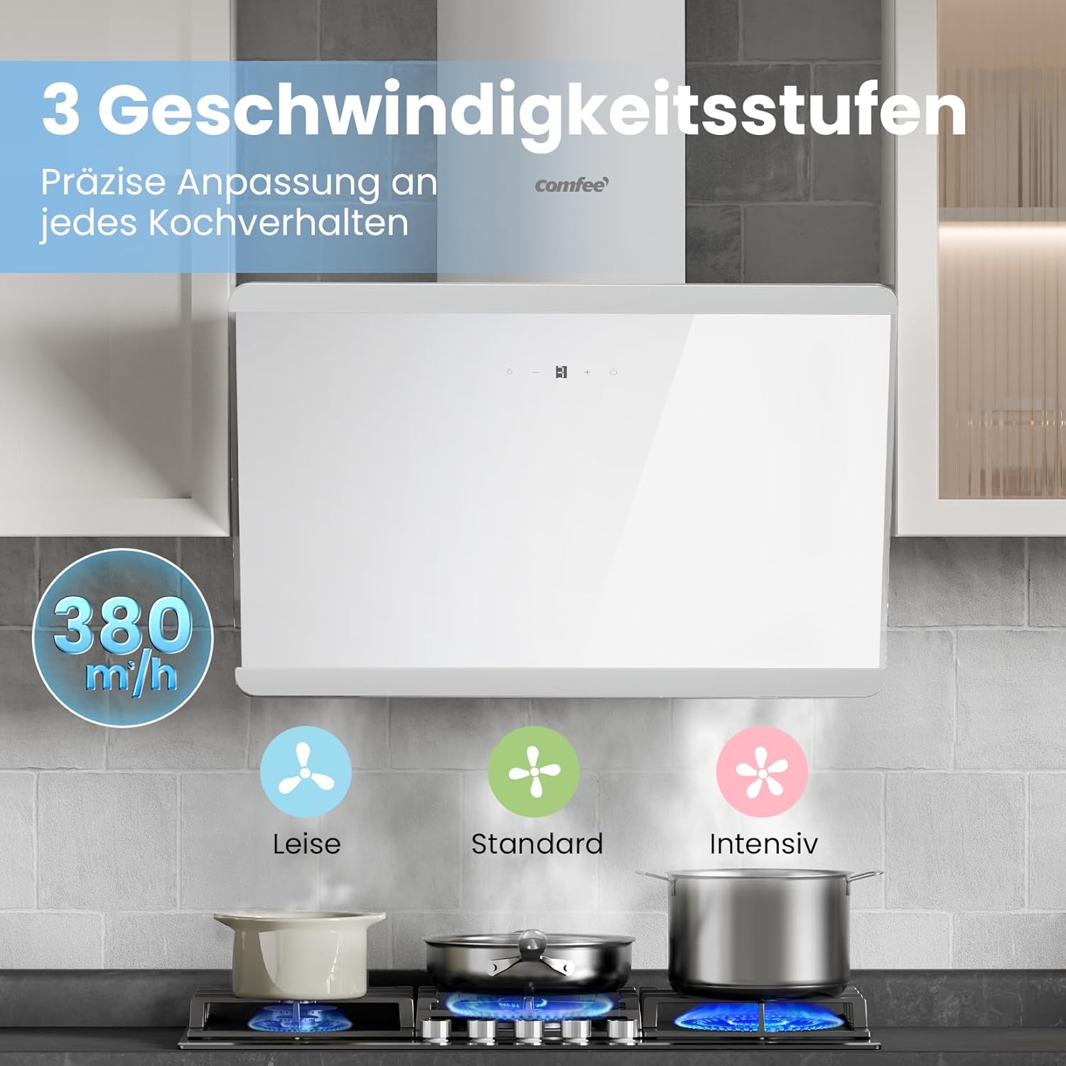 Thumbnail 4 de COMFEE' CH60J64ET4A2W Dunstabzugshaube 60 cm (A++), Umluft/Abluft, 380 m³/h, Edelstahl/Glas Touch