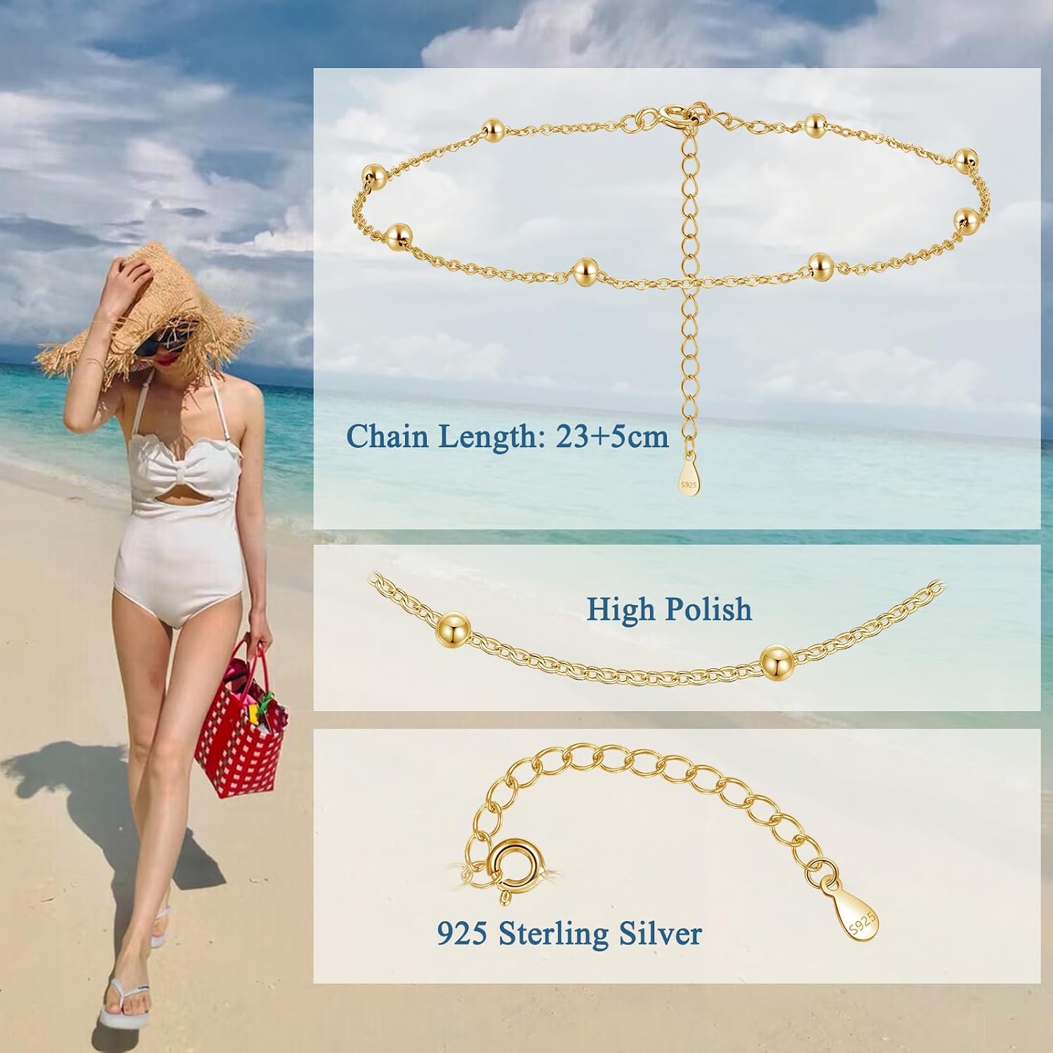 Detalle de Loutade Fußkette Silber 925 – verstellbar mit Bead/Sterne, sommerlicher Fußschmuck