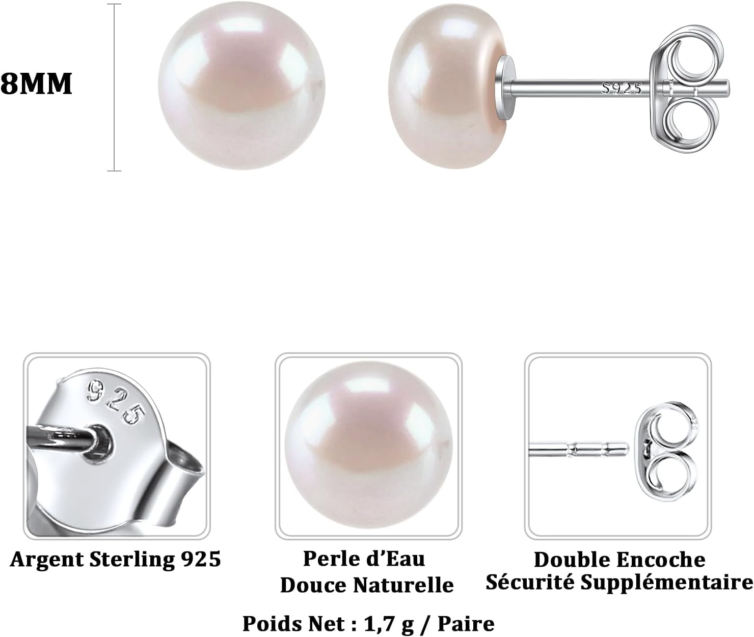 Thumbnail 2 de ChicSilver Boucles d'oreilles Pearl de Culture d'Eau Douce Argent 925 – Mini perles hypoallergéniques 4/6/8/10 mm