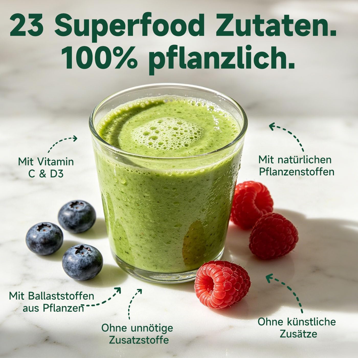 Detalle de Grüne Entgiftungspulver, 210 g – Grünes Superfood Pulver mit 24 Nährstoffquellen, Vitamin C & D3