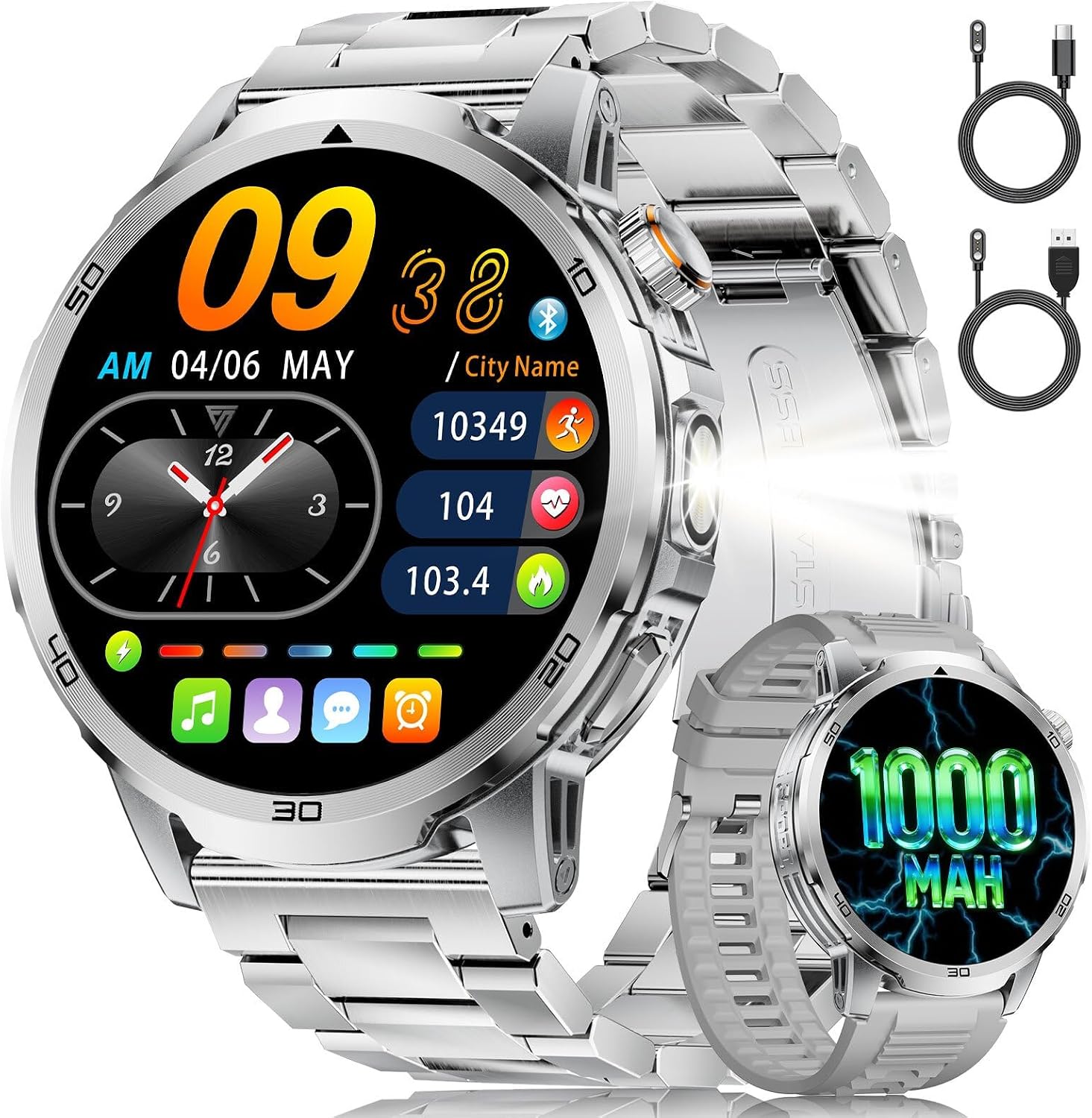 Detalle de Montre connectée homme 1,85" avec appels Bluetooth, cardio et sommeil, étanchéité IP68, torche LED 1000 mAh