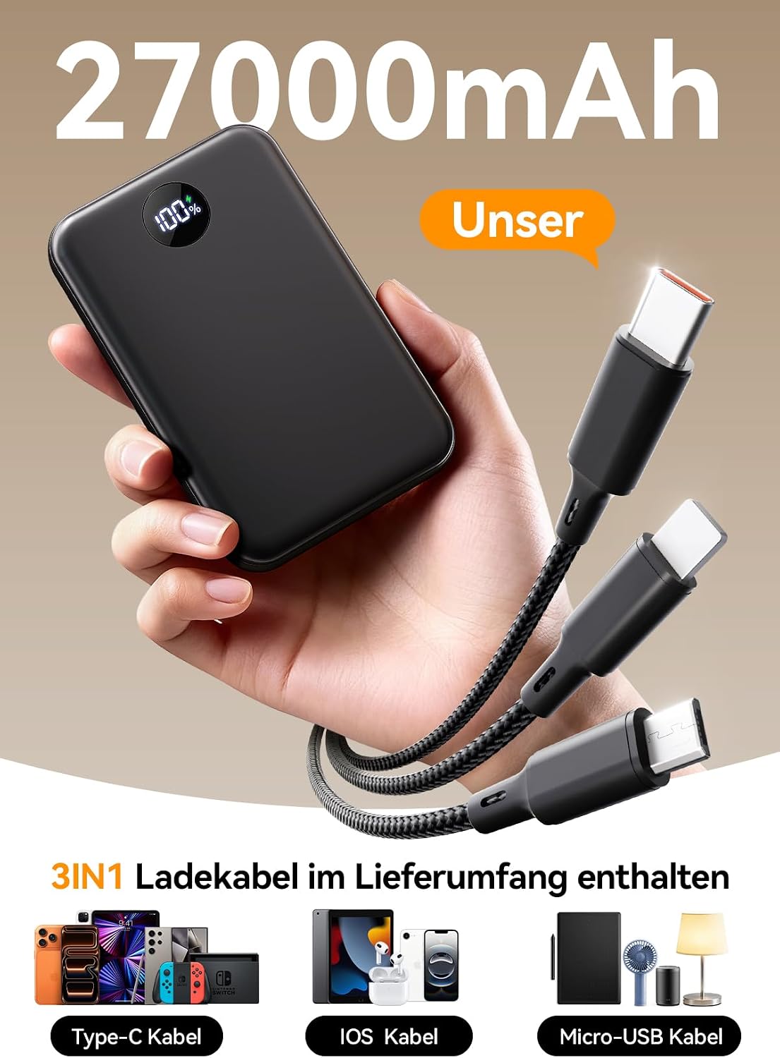 Thumbnail 1 de Power Bank 27000mAh – Ultra kompakt, Schnellladen USB‑C, 3‑in‑1 Kabel und LED Display