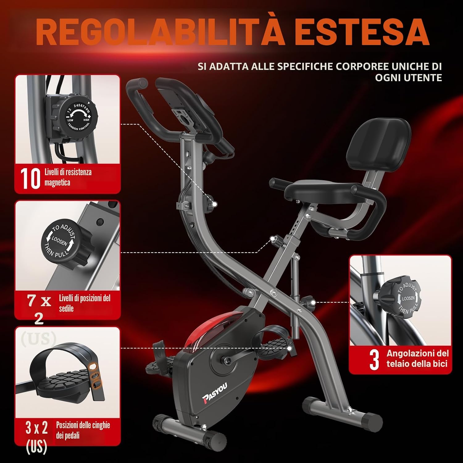 Detalle 2 de PASYOU Cyclette Pieghevole 3 in 1: Cyclette domestica con resistenza magnetica, monitor LCD e sedile regolabile