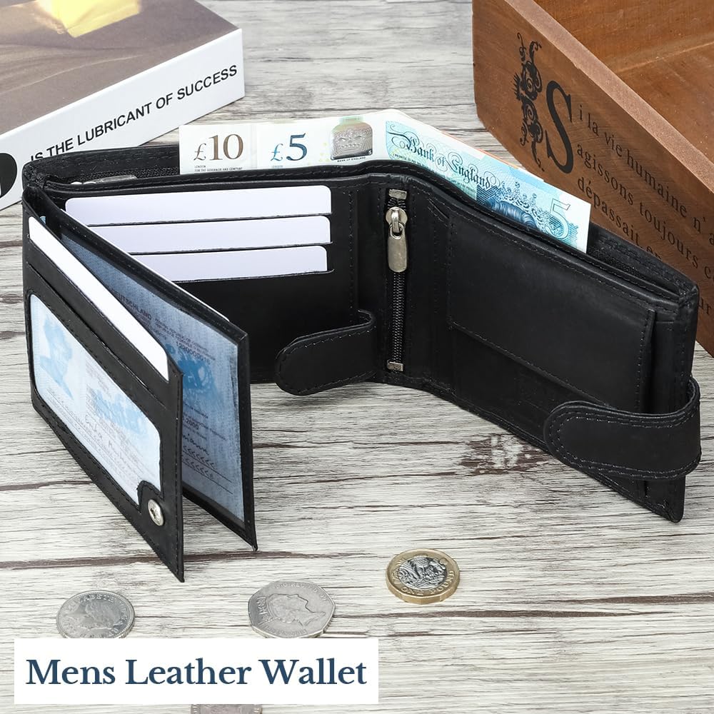 Detalle de WEDMAY men’s genuine leather RFID bifold wallet with coin pocket (Black)