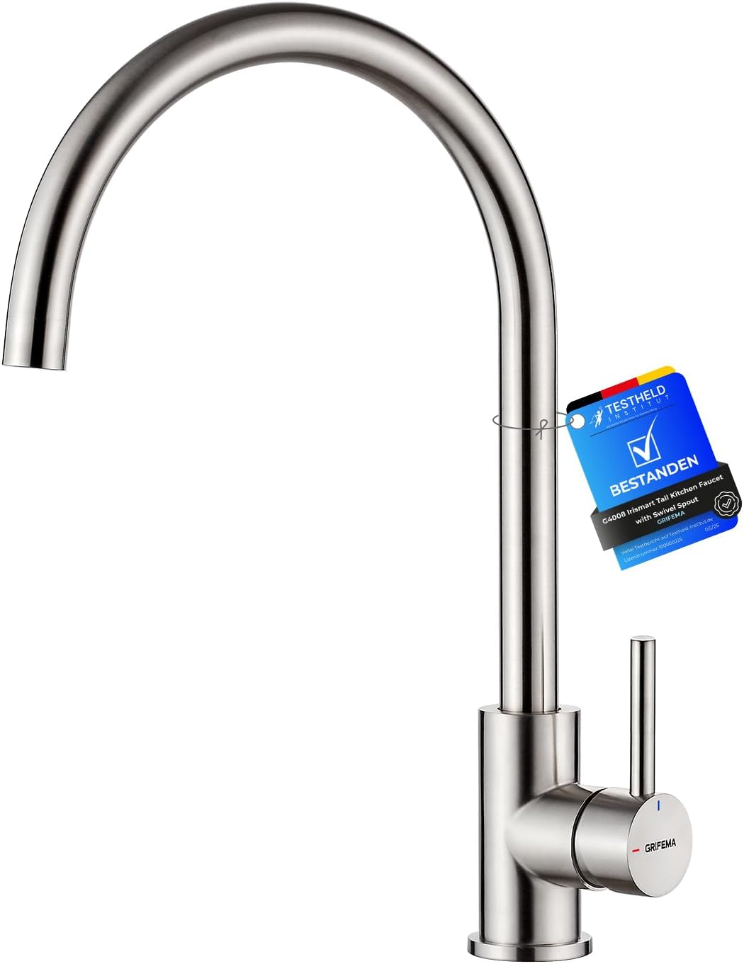 GRIFEMA G4008 Kitchen Sink Tap Mixer with Single Lever and High Arc 360° Swivel (Stainless Steel, Chrome finish, A+)