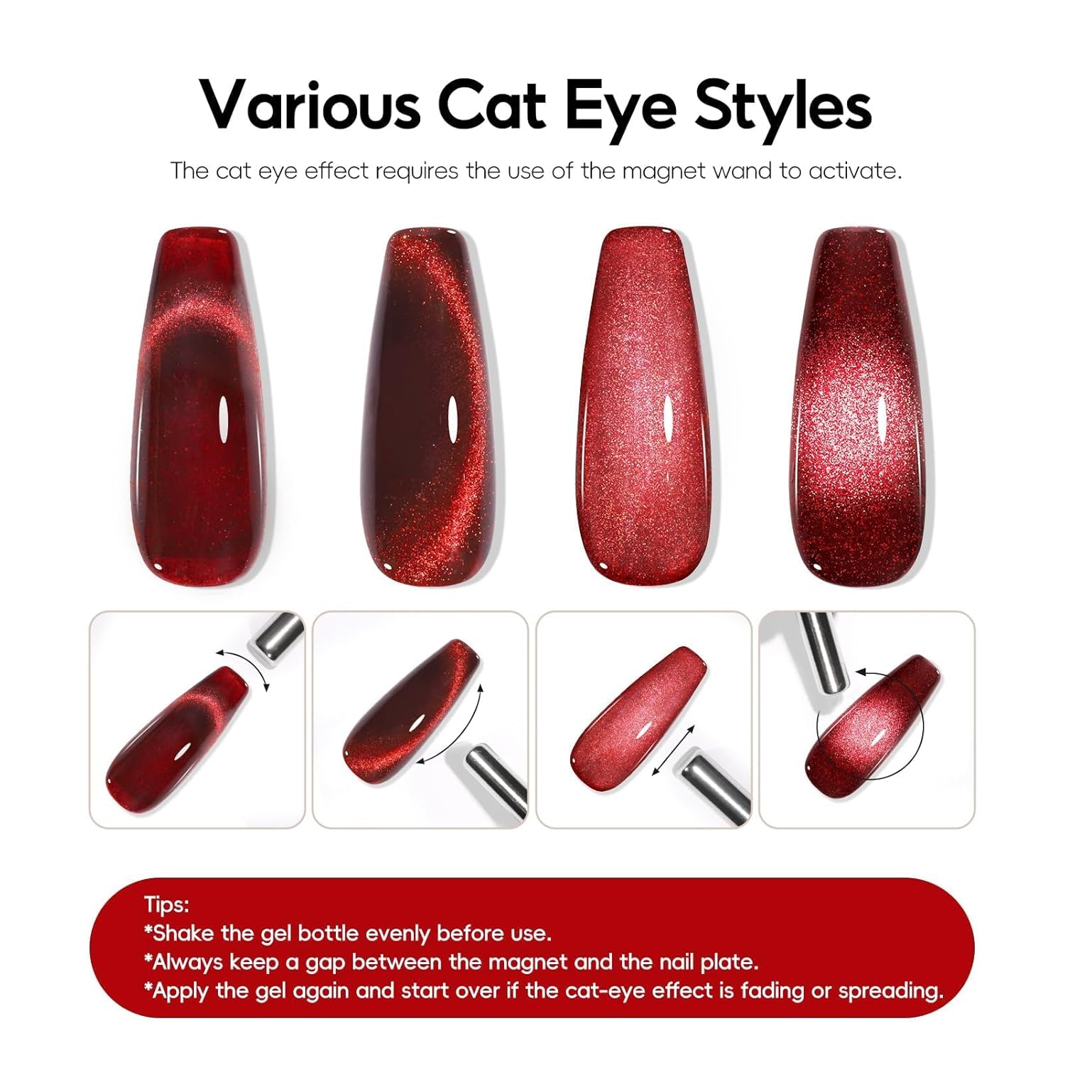 Detalle de PEACECOLOR 6-tlg. UV Cat-Eye Nagellack-Set (rot) mit Magnet, UV/LED-Härtung, DIY zu Hause (6×10 ml)