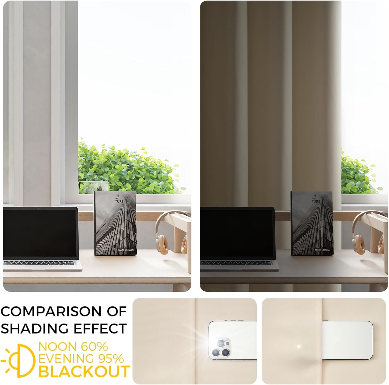 Thumbnail 2 de MRTREES Rideau Occultant Thermique Blanc Crème – 2 panneaux 140 × 245 cm