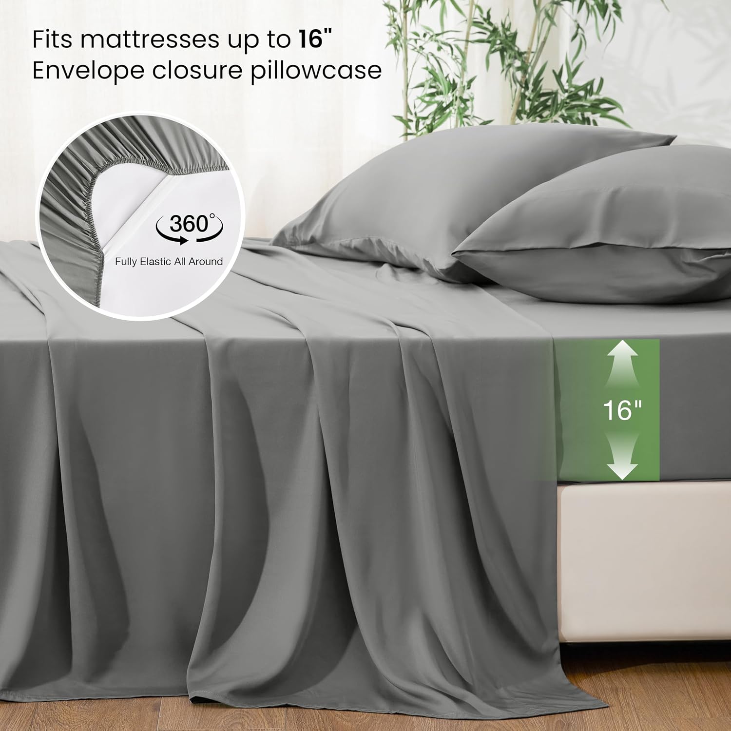 Detalle de Love's cabin 4 Piece Queen Sheet Set - 100% Rayon Derived from Bamboo, Cooling & Breathable, Deep Pocket Up to 16", Grey