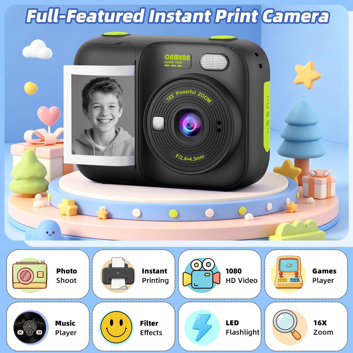 Thumbnail 2 de HOOMOON P97 Kids Instant Print Camera, 1080p Video, 5 Paper Rolls