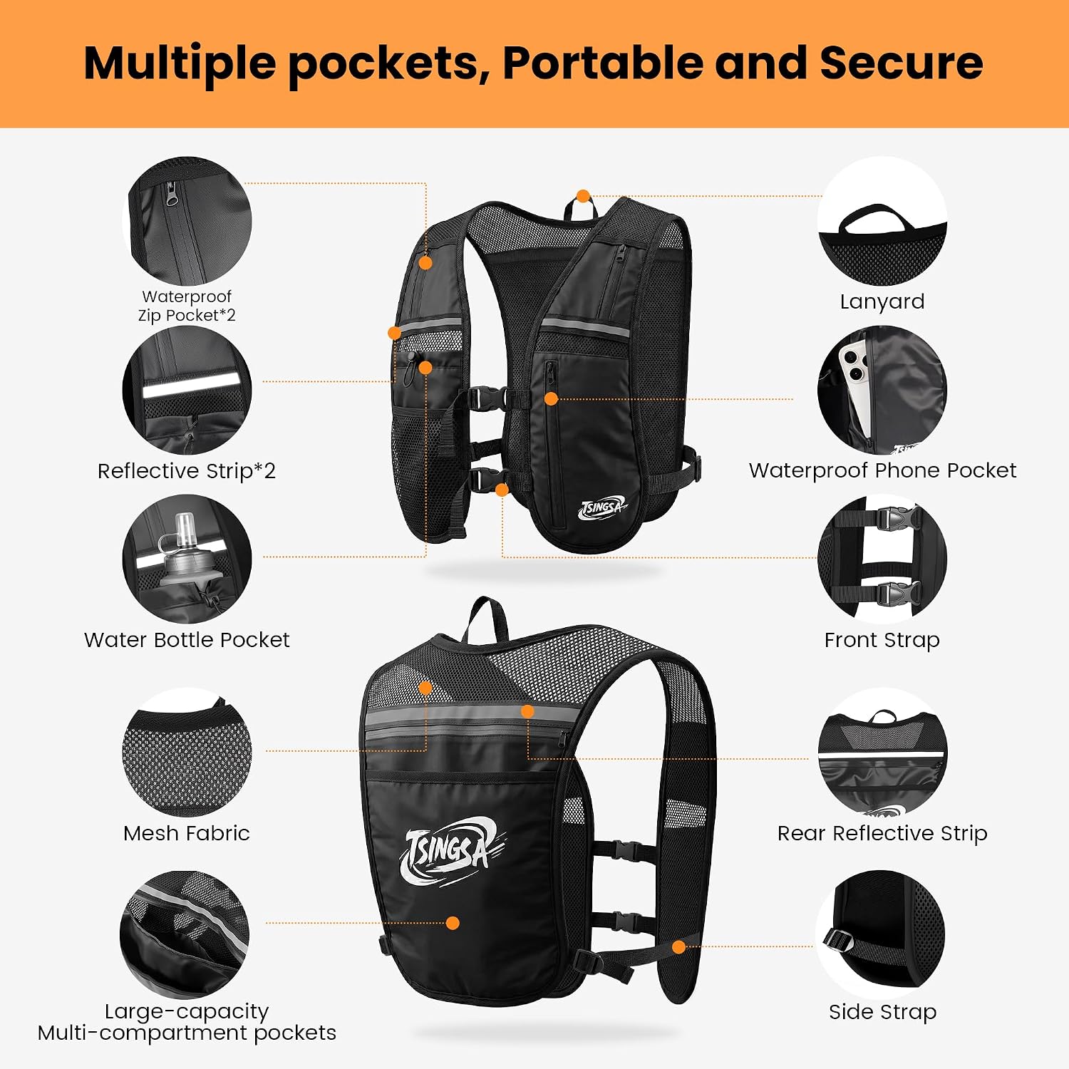 Thumbnail 3 de TSINGSA Hydration Backpack running vest with 500ml soft flask and adjustable dual straps