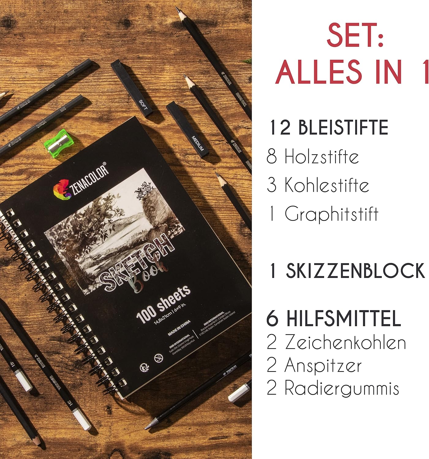 Thumbnail 1 de Komplettes Zeichnen Set mit Zeichenblock – 19 Zubehörteile (Zenacolor) inkl. 100-Seitigem Skizzenbuch