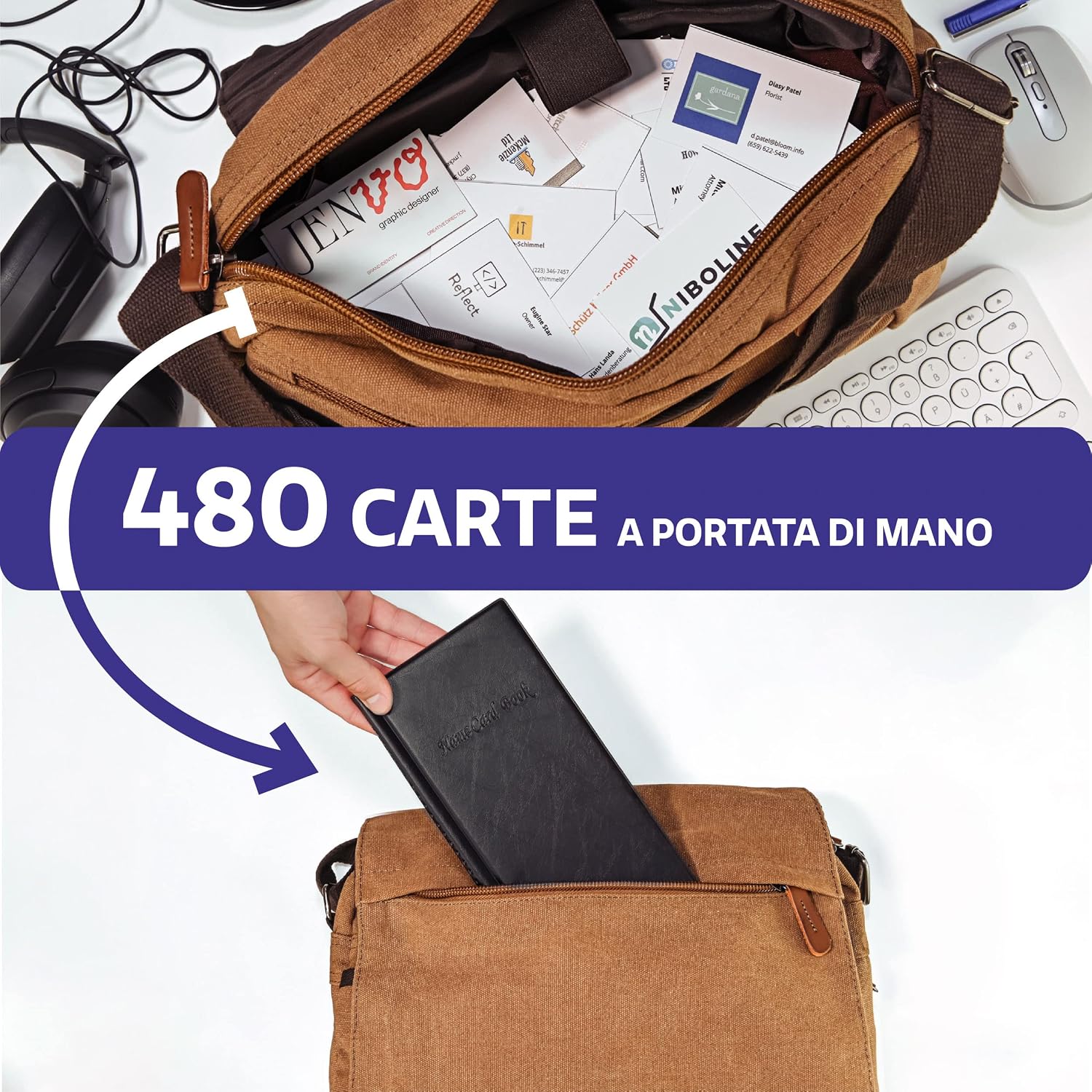 Detalle 2 de Praknu porta biglietti da visita con 480 fogli trasparenti, libro salvaspazio nero