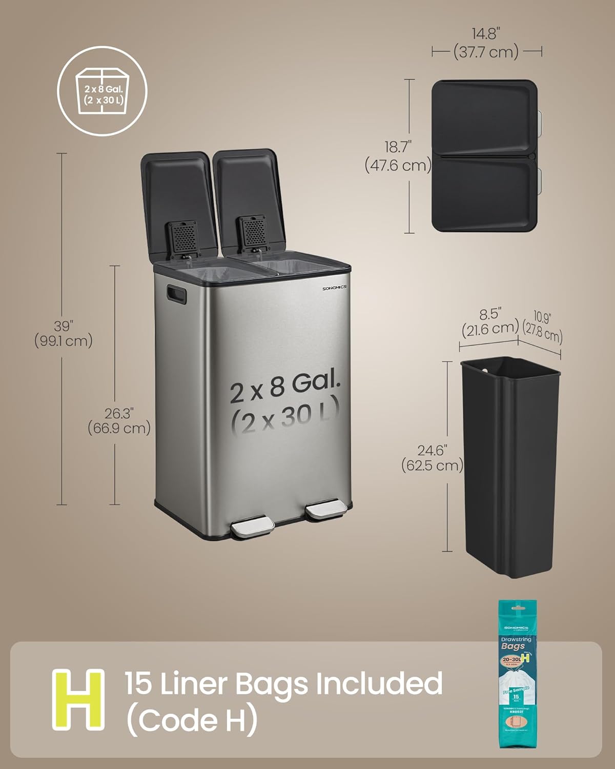 Thumbnail 6 de SONGMICS Kitchen Bin, 2 x 8 Gallon Dual-Compartment with Soft-Close Lid (LTB741EZ01)