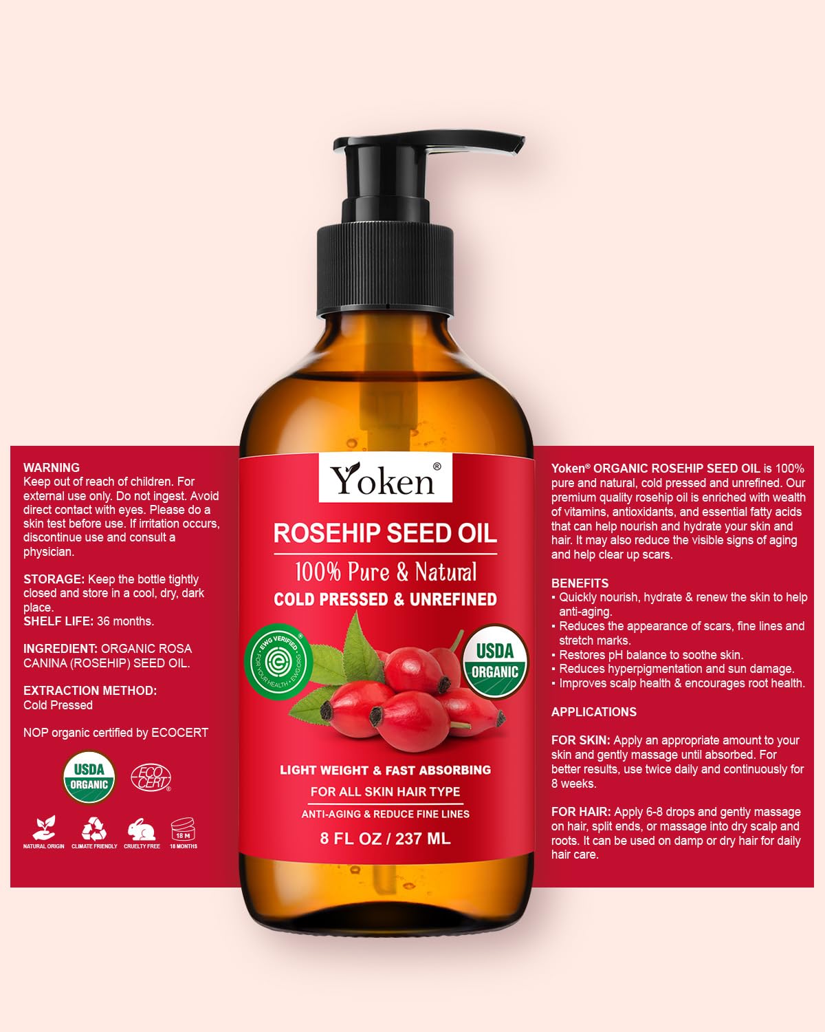 Thumbnail 6 de Yoken Organic Rosehip Seed Oil, 8 oz Cold-Pressed Oil in Glass Bottle