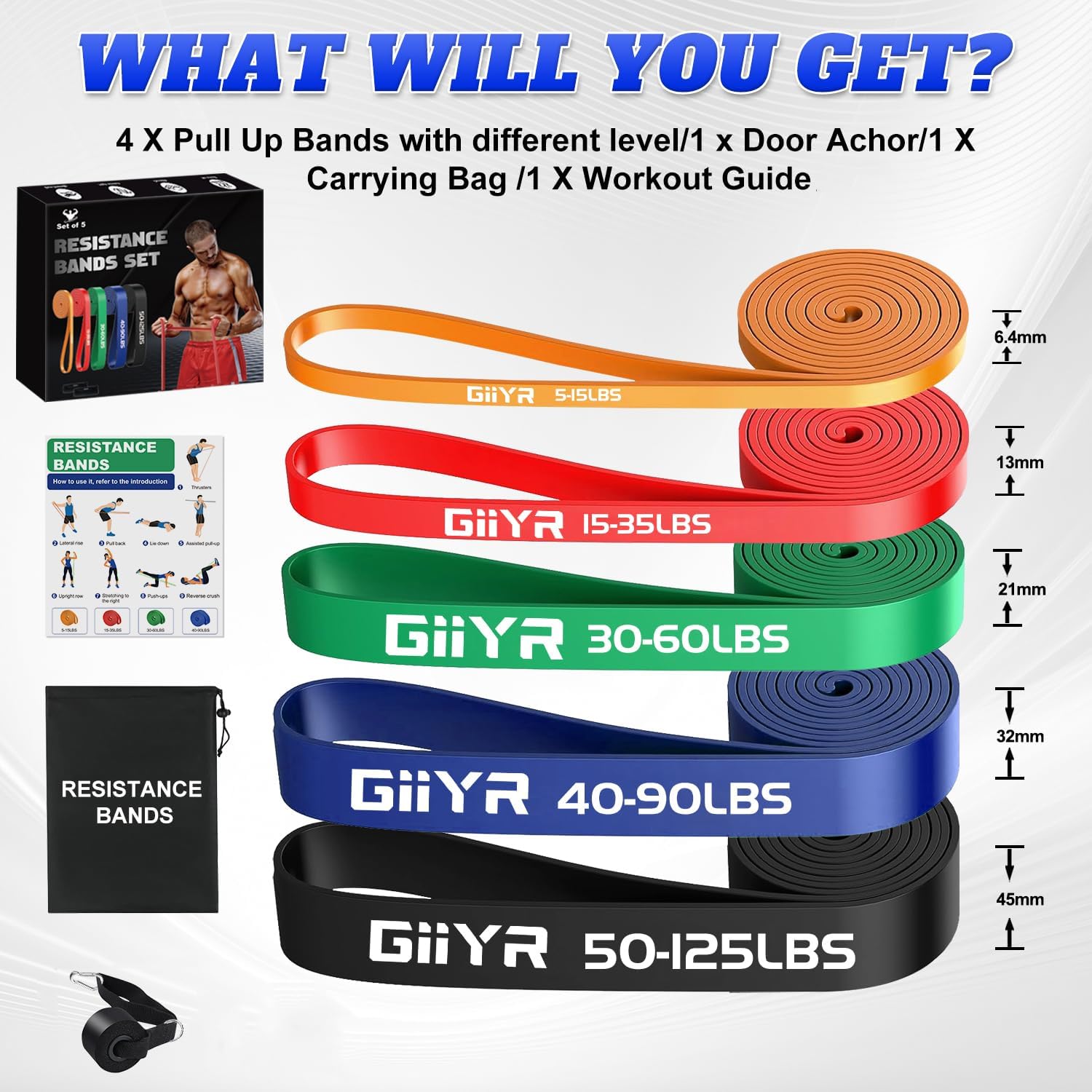 Thumbnail 1 de Giiyr Resistance Bands Set – 4 Levels for Home & Gym Training (Door Anchor, Carry Bag)
