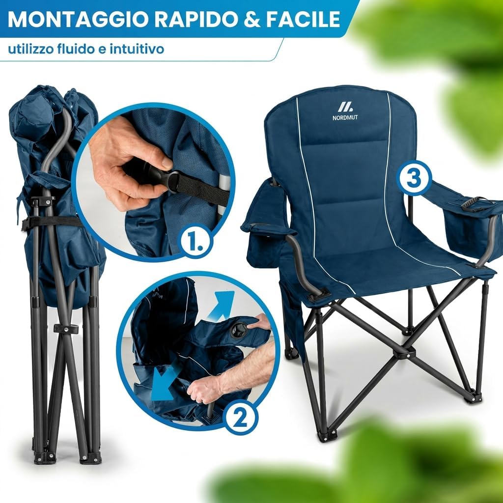 Thumbnail 4 de NORDMUT Sedia da campeggio pieghevole leggera con borsa frigo, portabicchieri e portata 200 kg (Blu 1x)