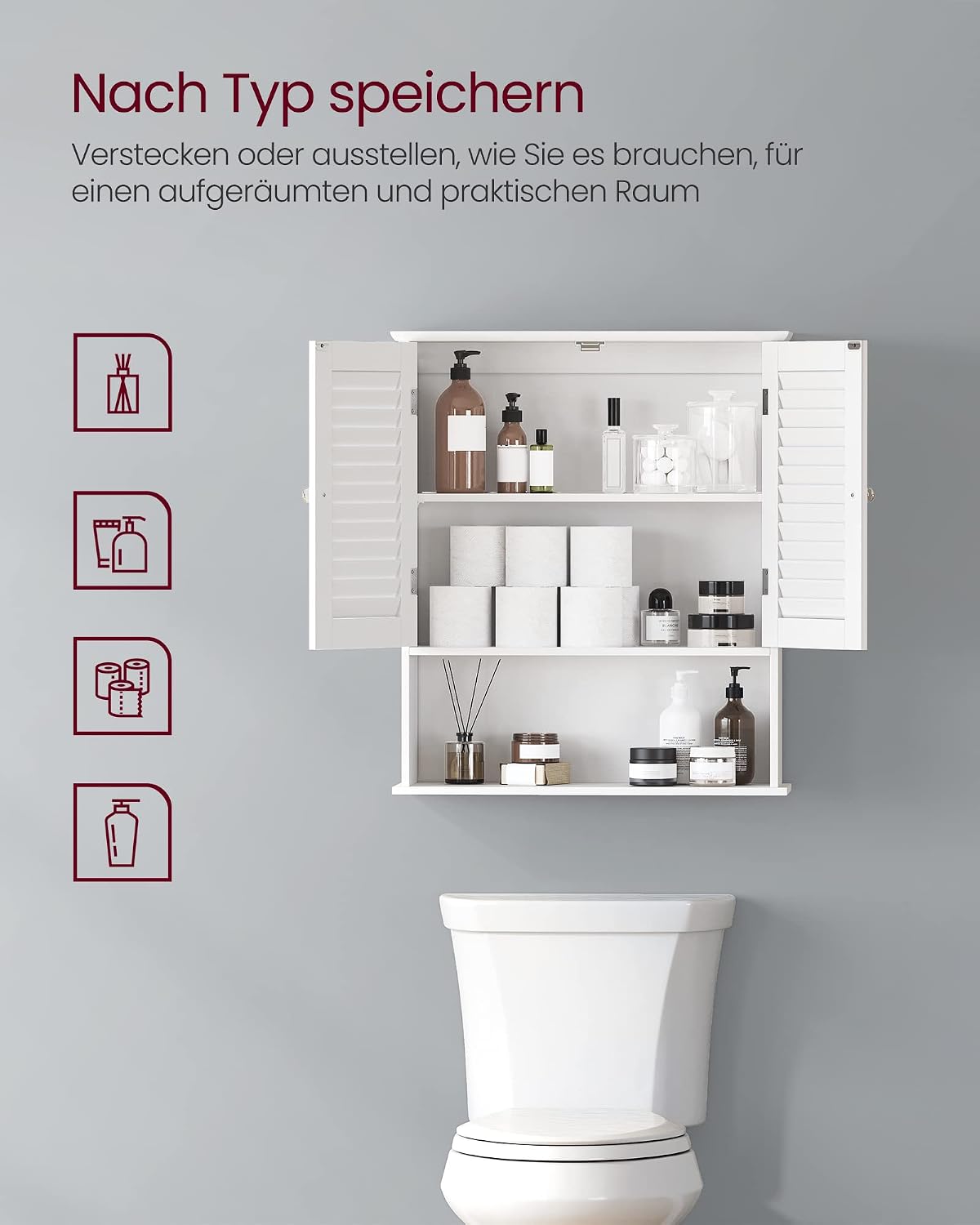 Thumbnail 5 de VASAGLE Badezimmerschrank BBC27WT – Wand- und Medizinschrank mit verstellbarer Ablage, Lamellentüren und offenem Fach