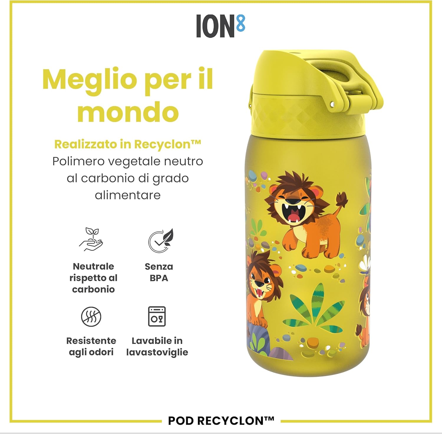 Detalle de Ion8 Borraccia per Bambini 350 ml – a Prova di Perdite, con maniglia e chiusura sicura (Cuccioli di Leone)