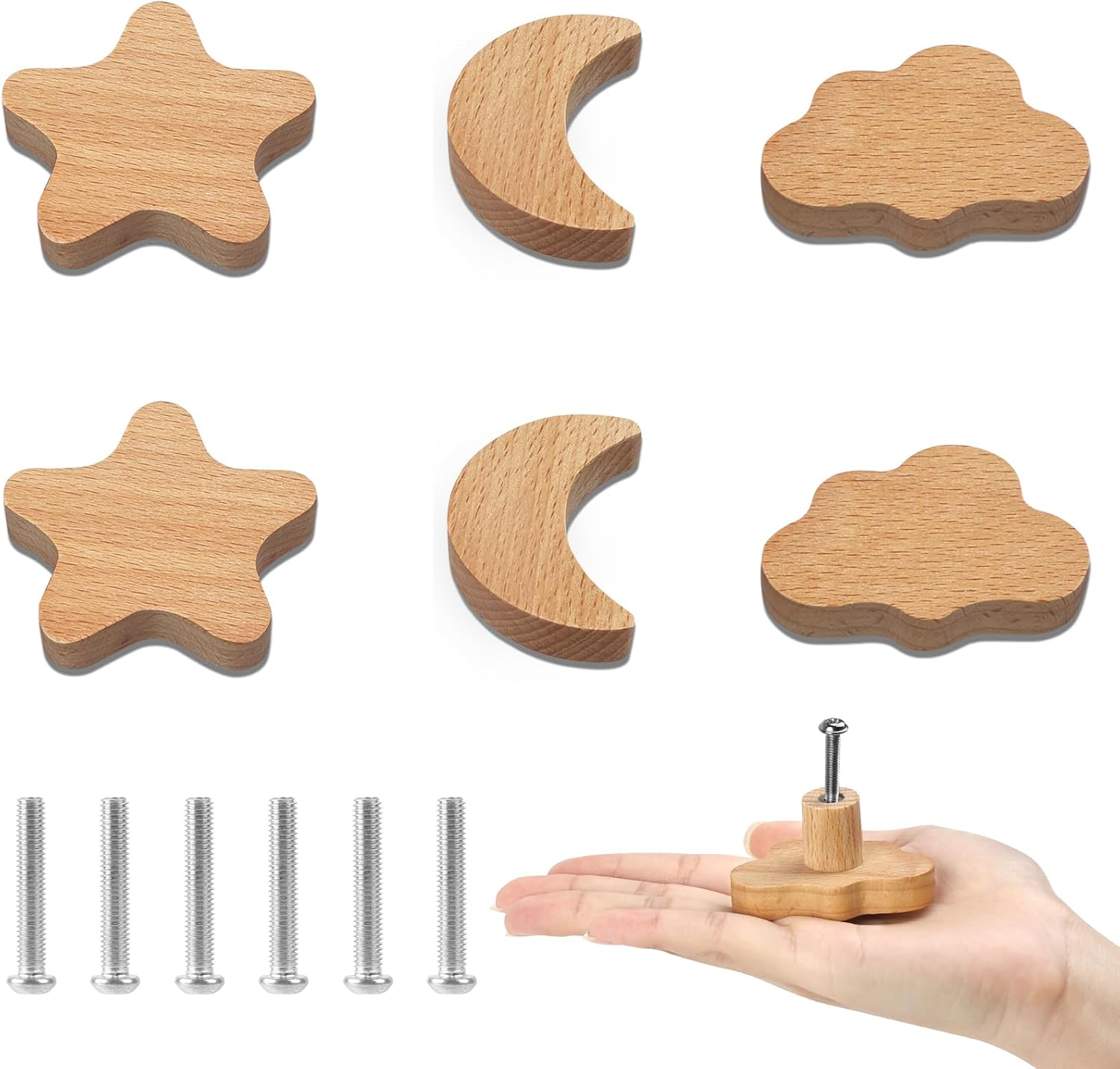 Detalle de Aolso houten meubelknoppen, set van 6 met sterren, maan en wolken