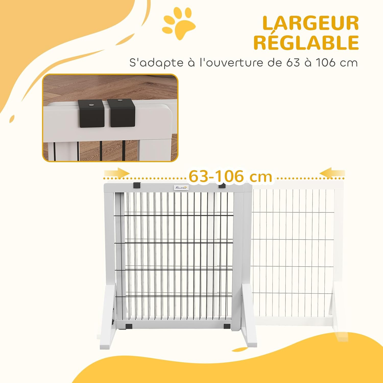 Detalle de PawHut Barrière de sécurité pour chien à 2 panneaux réglable 63-106 x 44 x 67 cm, bois de pin et acier, blanc