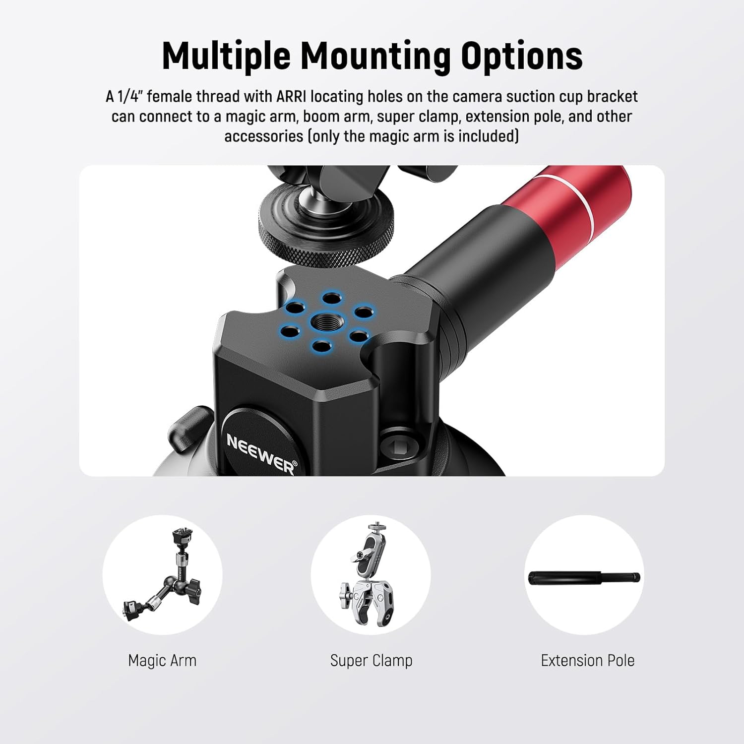 Thumbnail 5 de NEEWER 3" Suction Cup Camera Mount Bracket with Ball Head Magic Arm (1/4" ARRI holes) – CA104