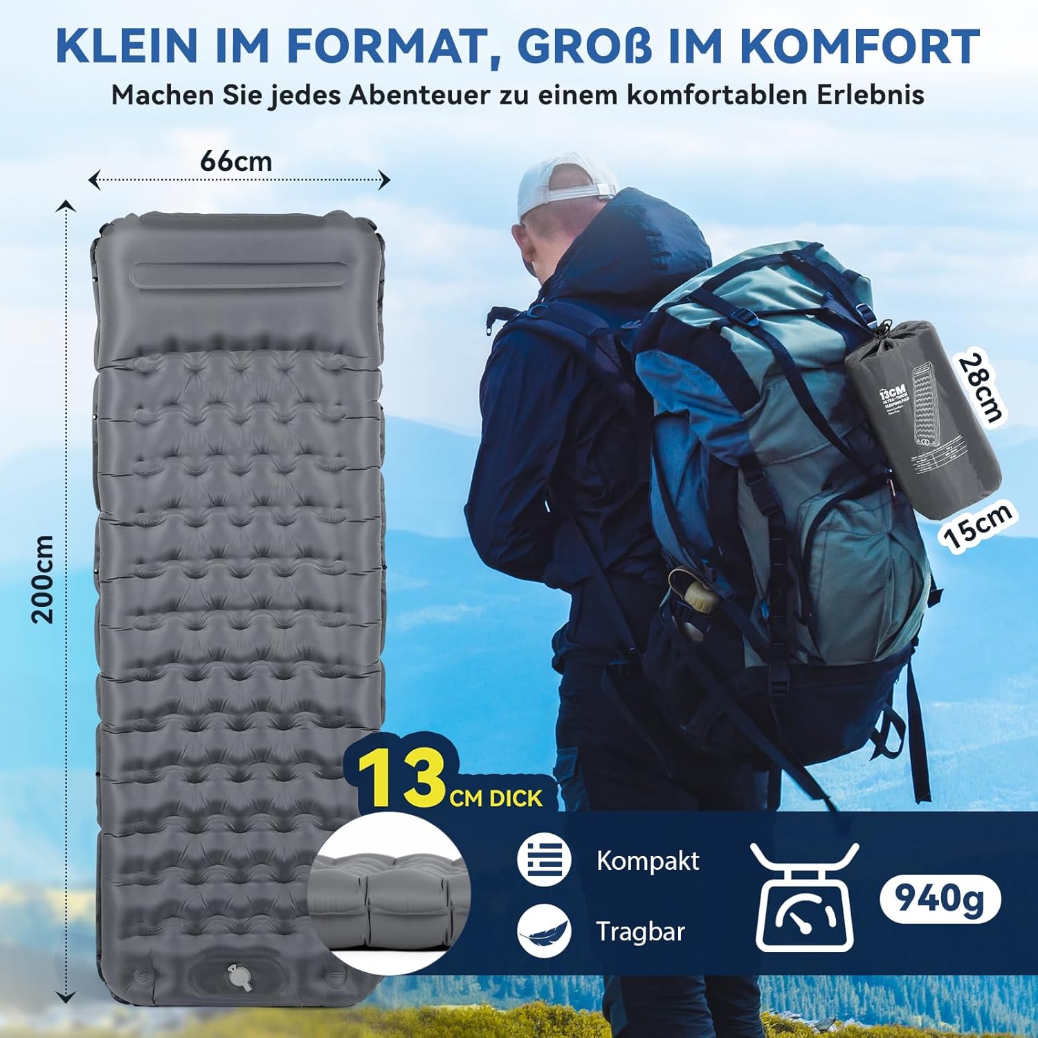 Thumbnail 2 de HIKENTURE Camping Isomatte 13 cm – ultradick, mit Kissen, Aufblasbar, kompakt verpackbar