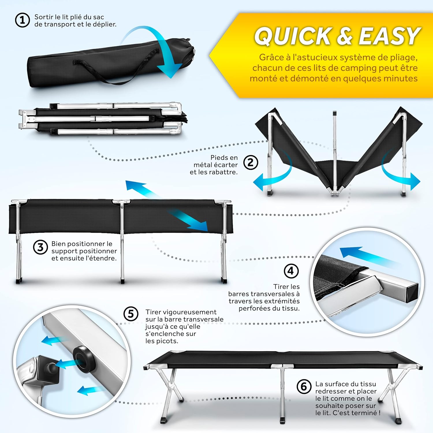 Thumbnail 2 de TRESKO XXL lit de camp pliant 190 x 64 x 44 cm en métal, Oxford (150 kg max) noir