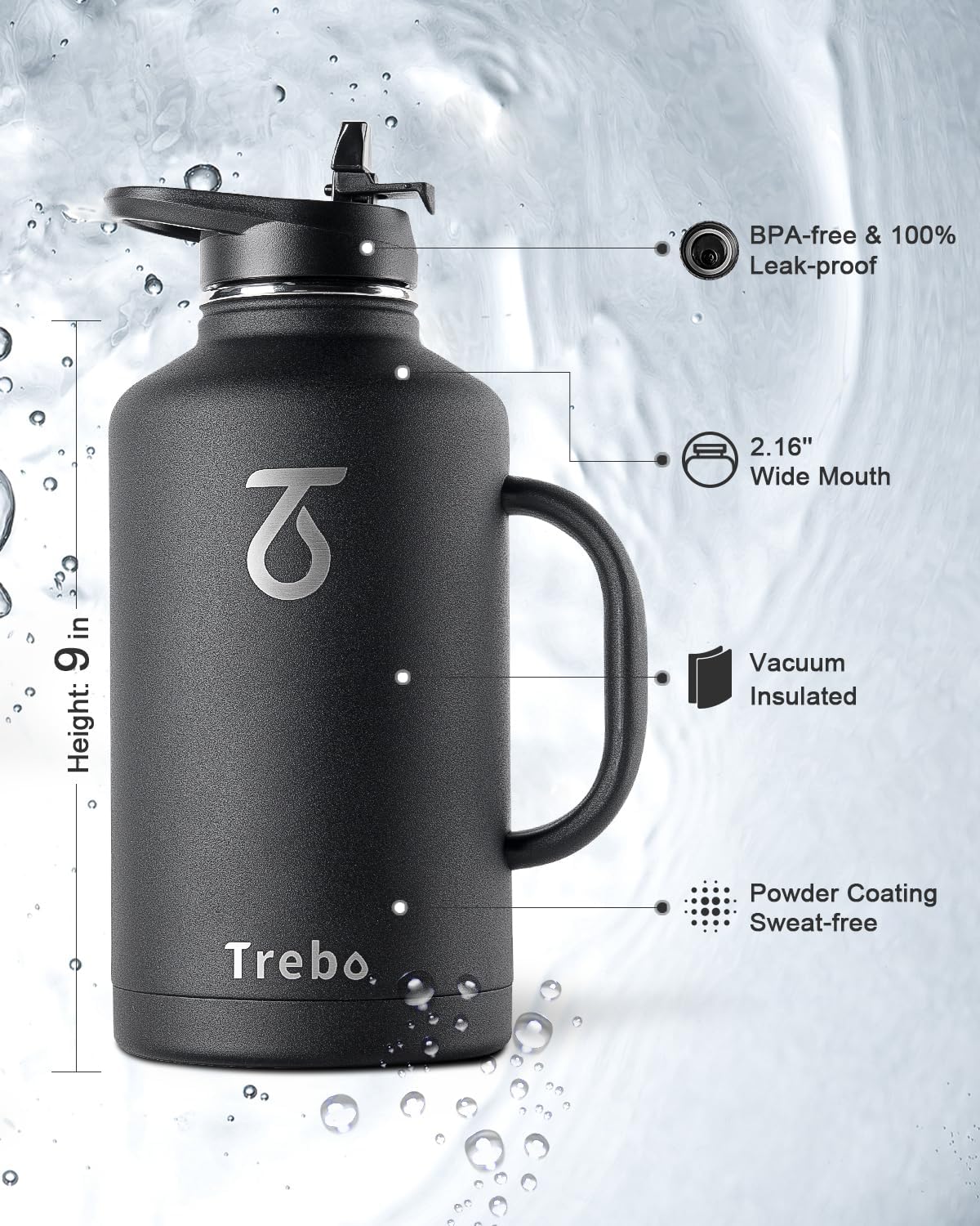 Thumbnail 4 de Trebo Stainless Steel Water Bottle 2L – Large, with Handle, Wide Mouth and Double Wall (Black)
