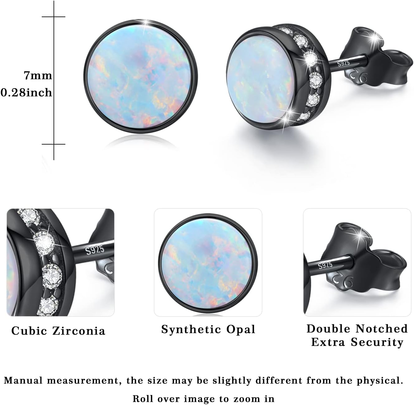 Detalle 2 de Opal-Ohrstecker 7 mm aus 925 Sterling Silber – hypoallergen, milchiges Hellblau Opal mit Zirkonia