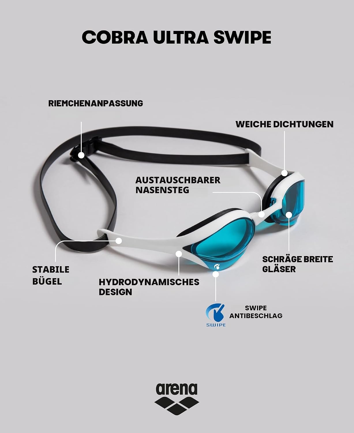 Detalle de ARENA Cobra Ultra Swipe Herren Brillen (1er Pack) – Wettkampfbrille mit Swipe-Technologie